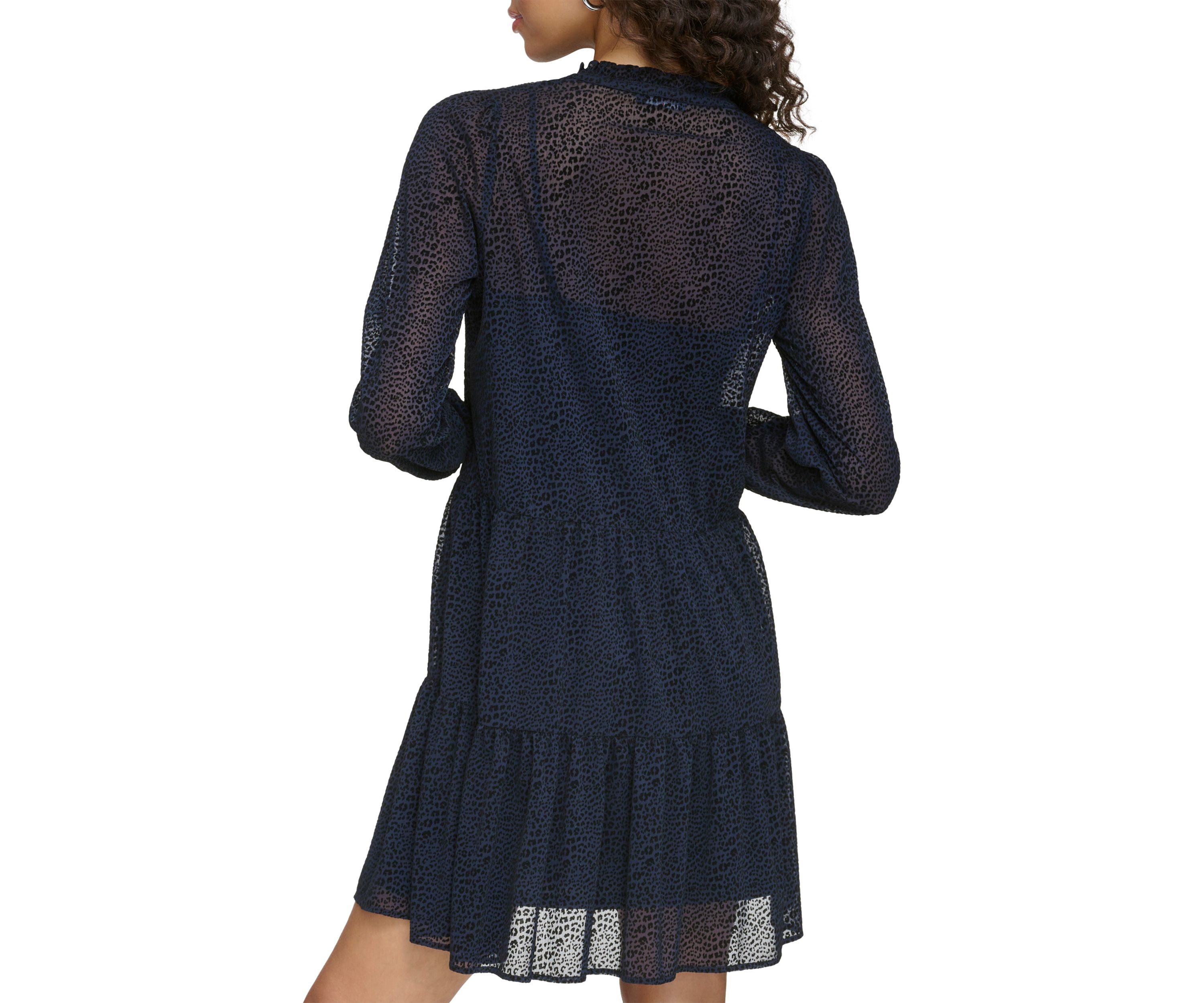 Womens Long Sleeve V-Neck Tiered Chiffon Shirtdress