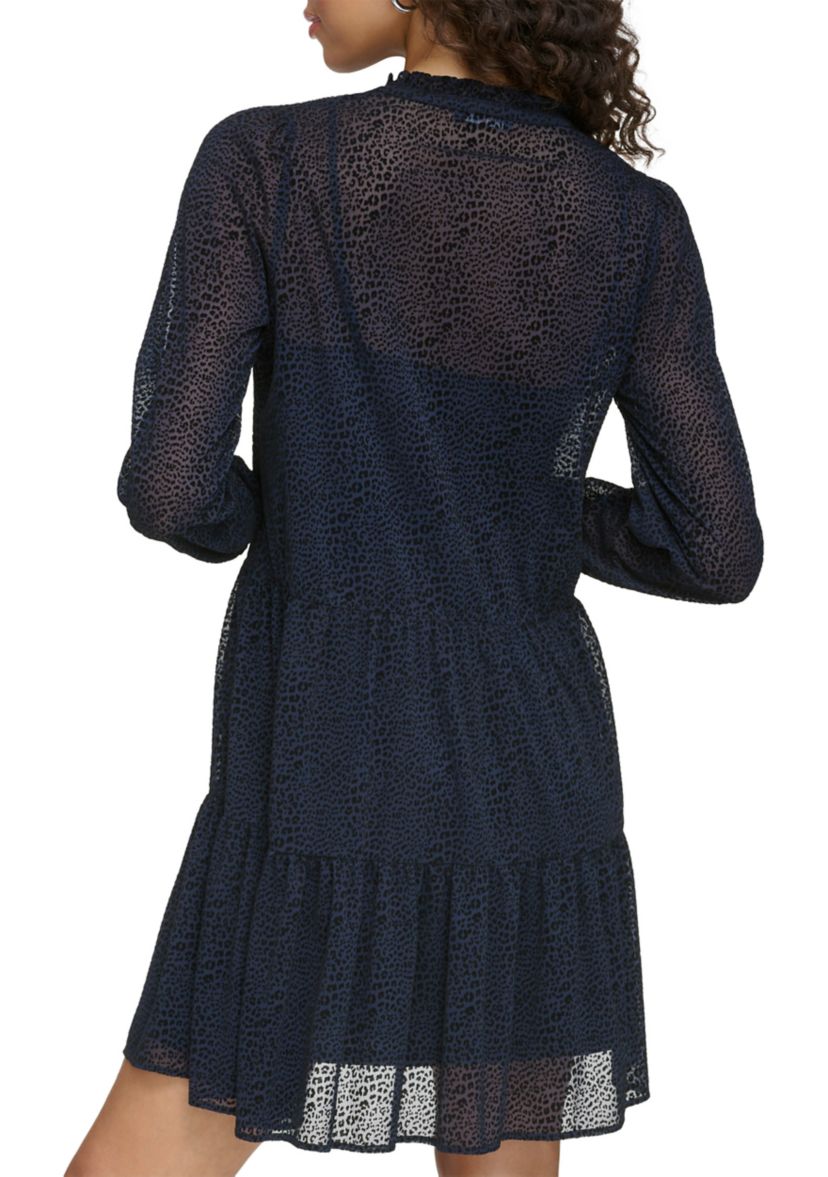 Womens Long Sleeve V-Neck Tiered Chiffon Shirtdress