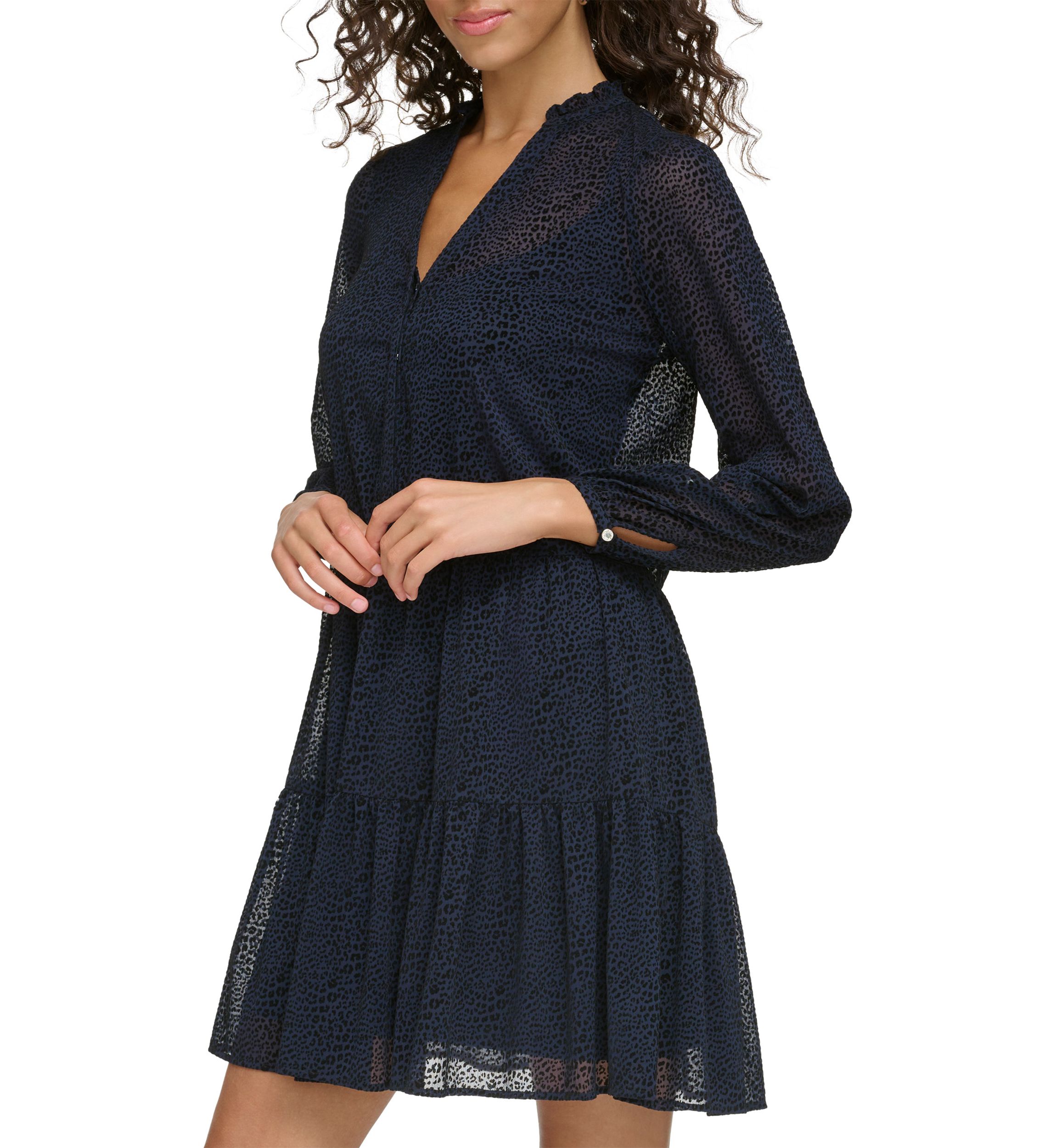 Womens Long Sleeve V-Neck Tiered Chiffon Shirtdress