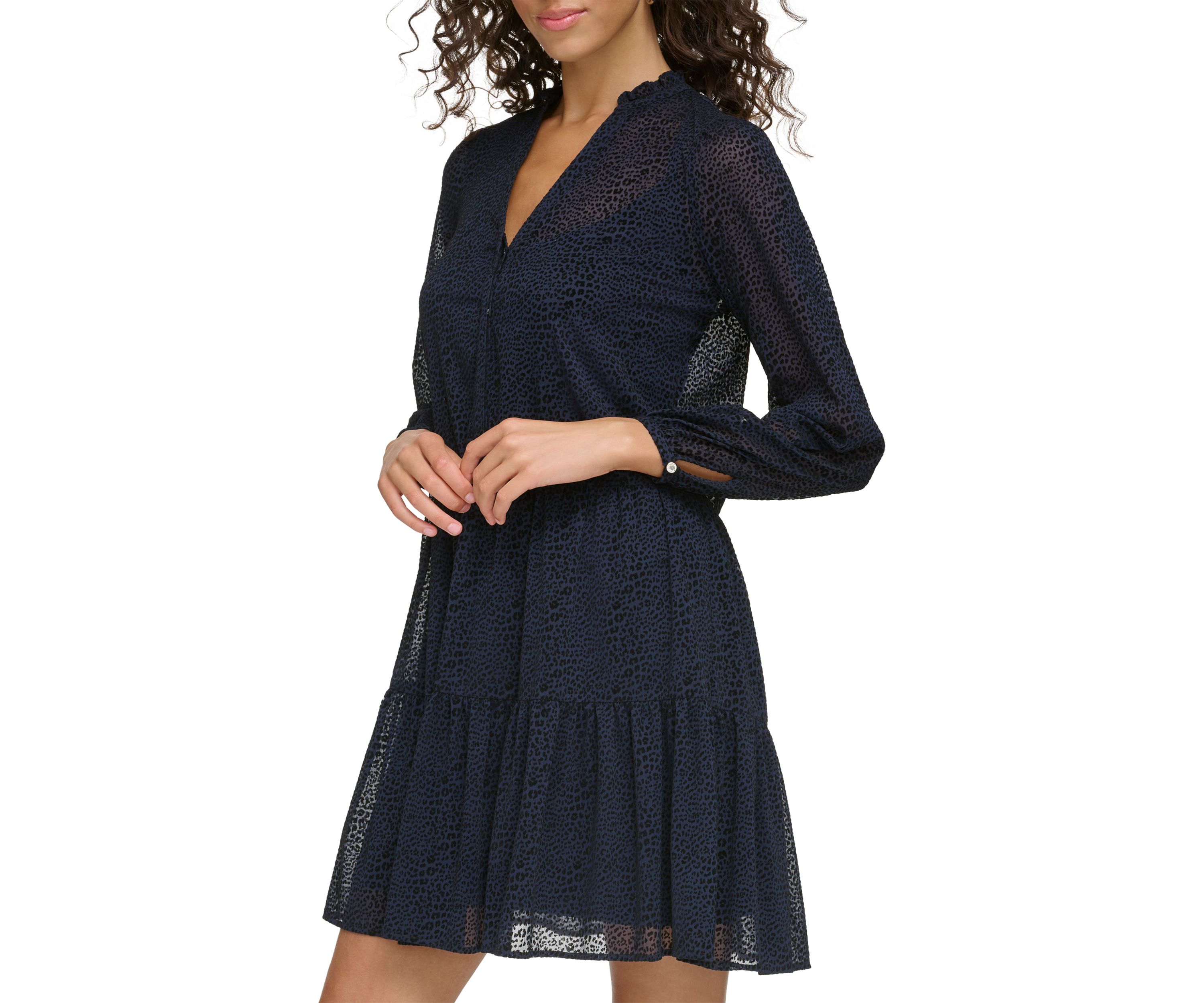 Womens Long Sleeve V-Neck Tiered Chiffon Shirtdress