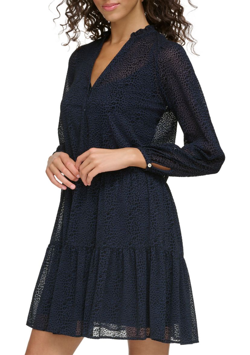 Womens Long Sleeve V-Neck Tiered Chiffon Shirtdress