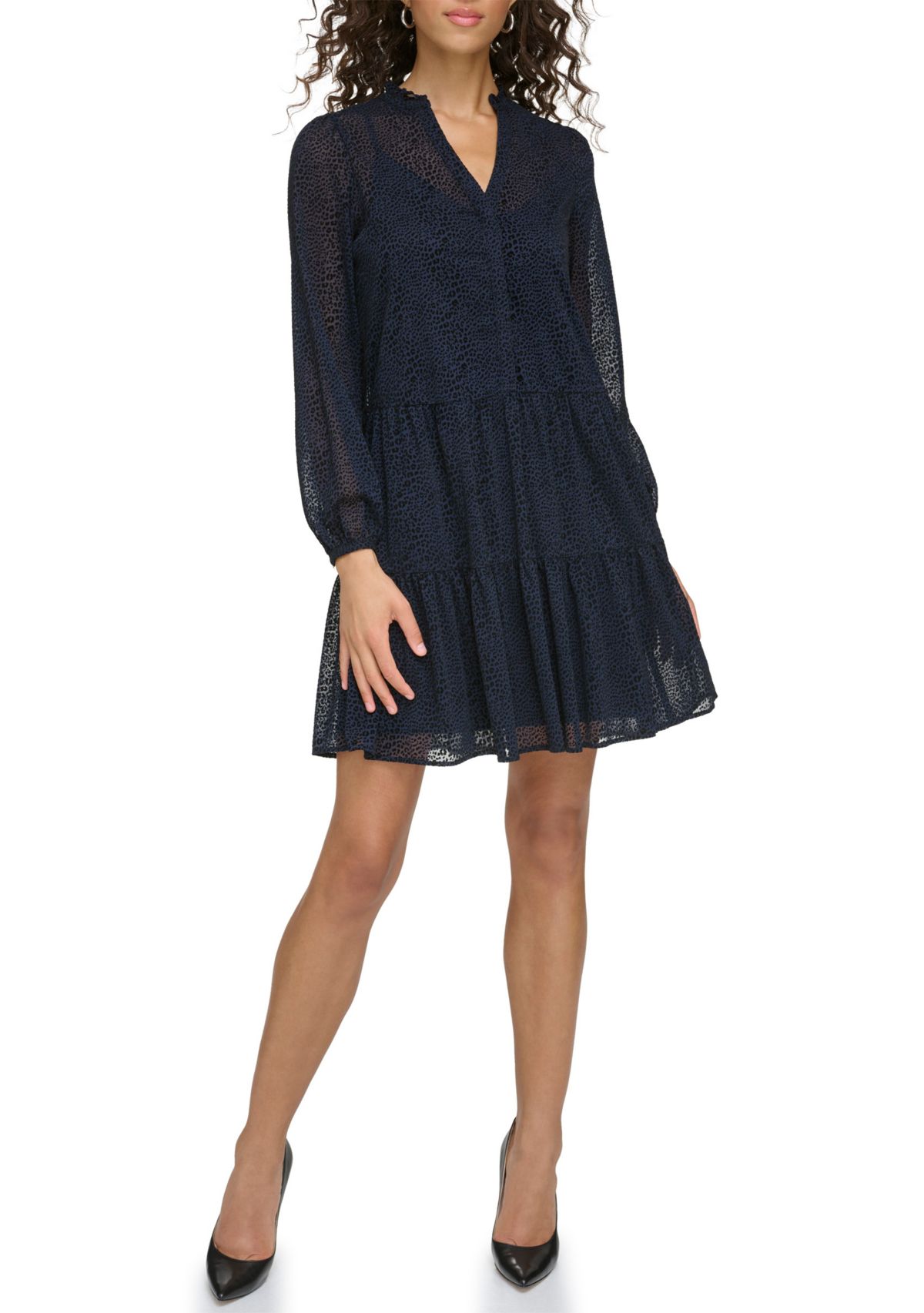 Womens Long Sleeve V-Neck Tiered Chiffon Shirtdress
