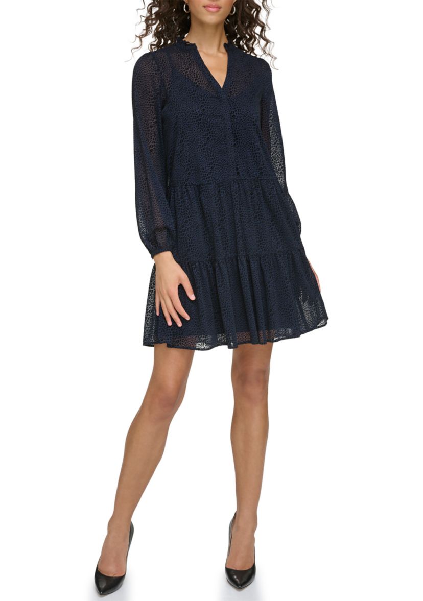 Womens Long Sleeve V-Neck Tiered Chiffon Shirtdress