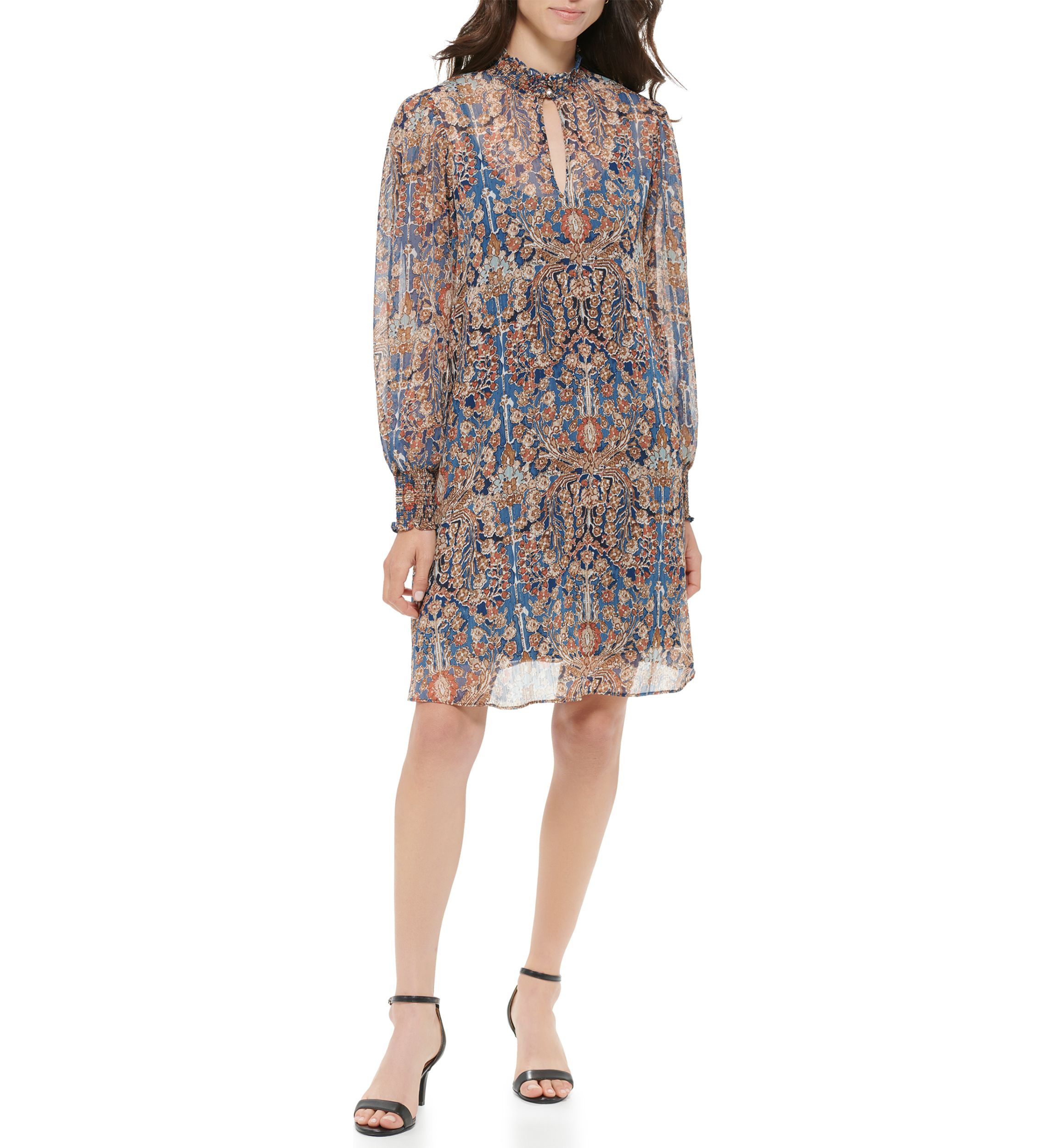 Womens Long Sleeve Mock Neck Ruffle Hem Floral Dress