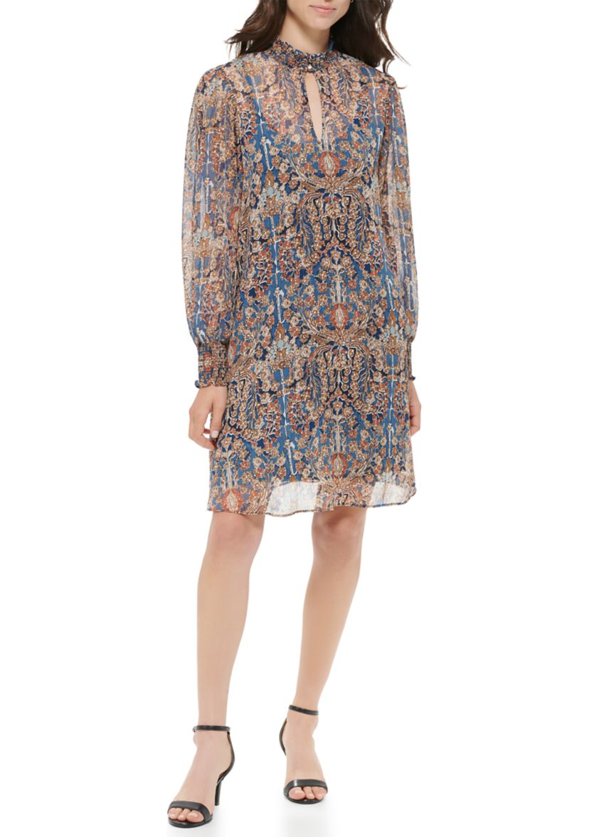Womens Long Sleeve Mock Neck Ruffle Hem Floral Dress
