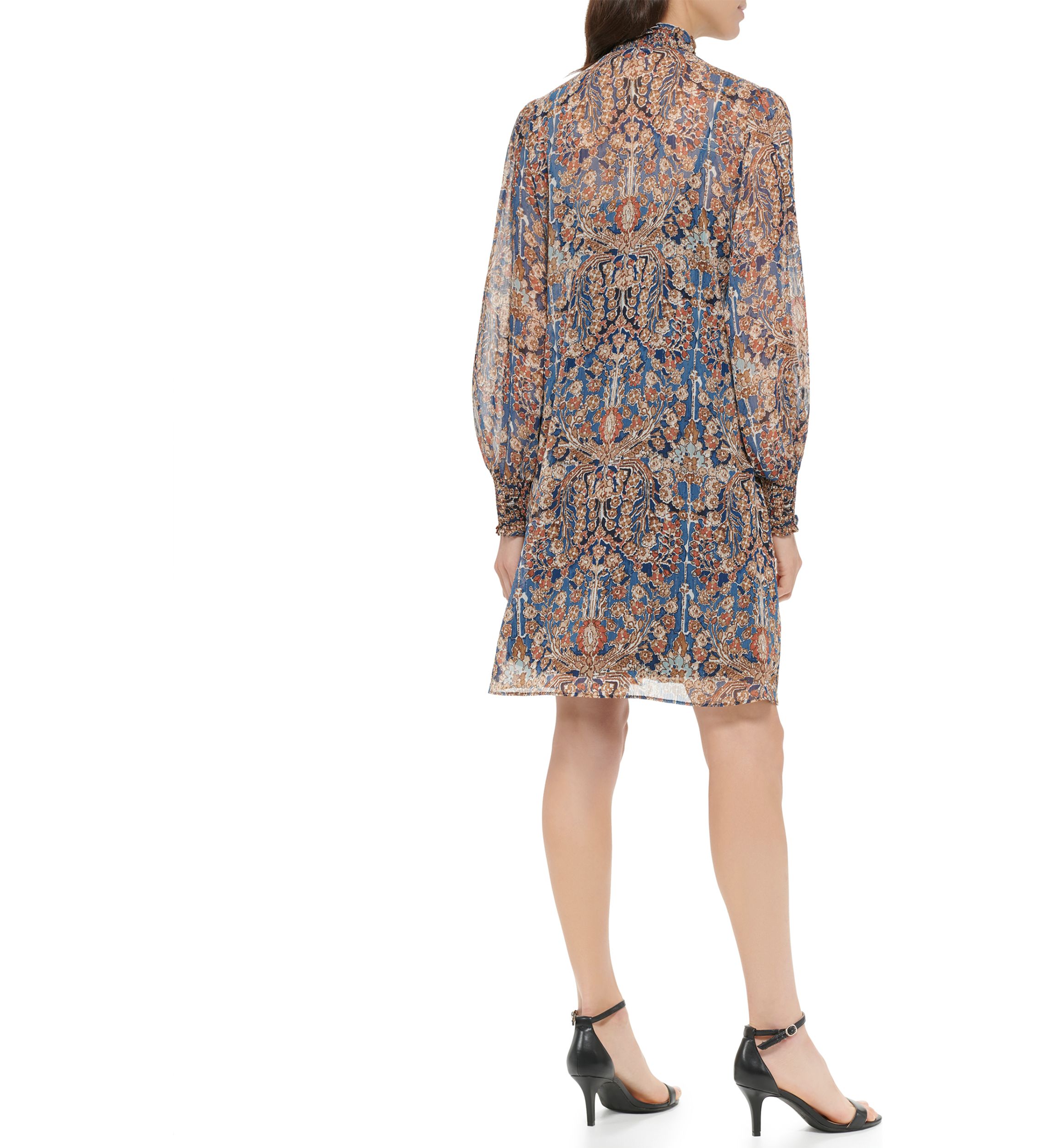 Womens Long Sleeve Mock Neck Ruffle Hem Floral Dress