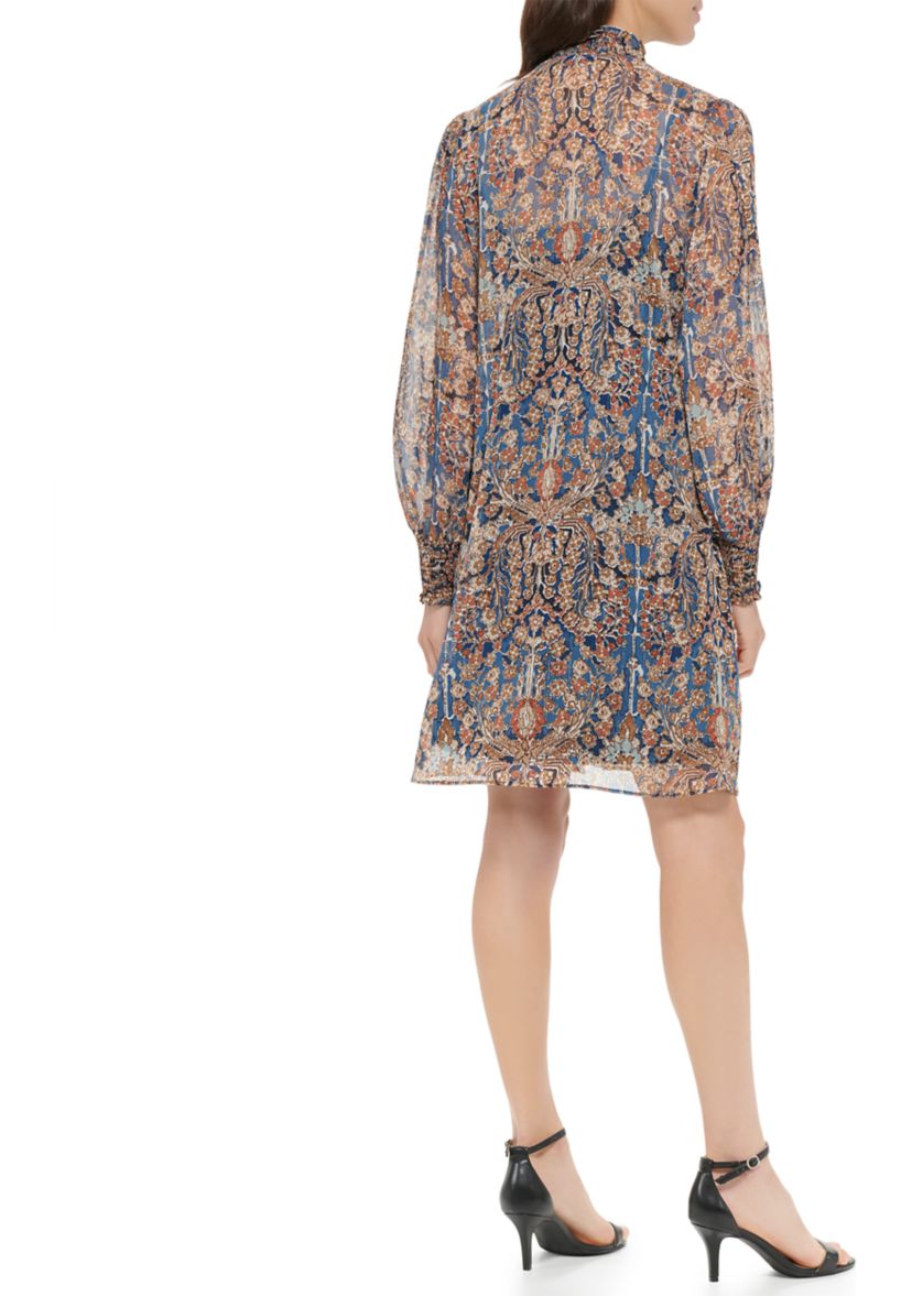 Womens Long Sleeve Mock Neck Ruffle Hem Floral Dress