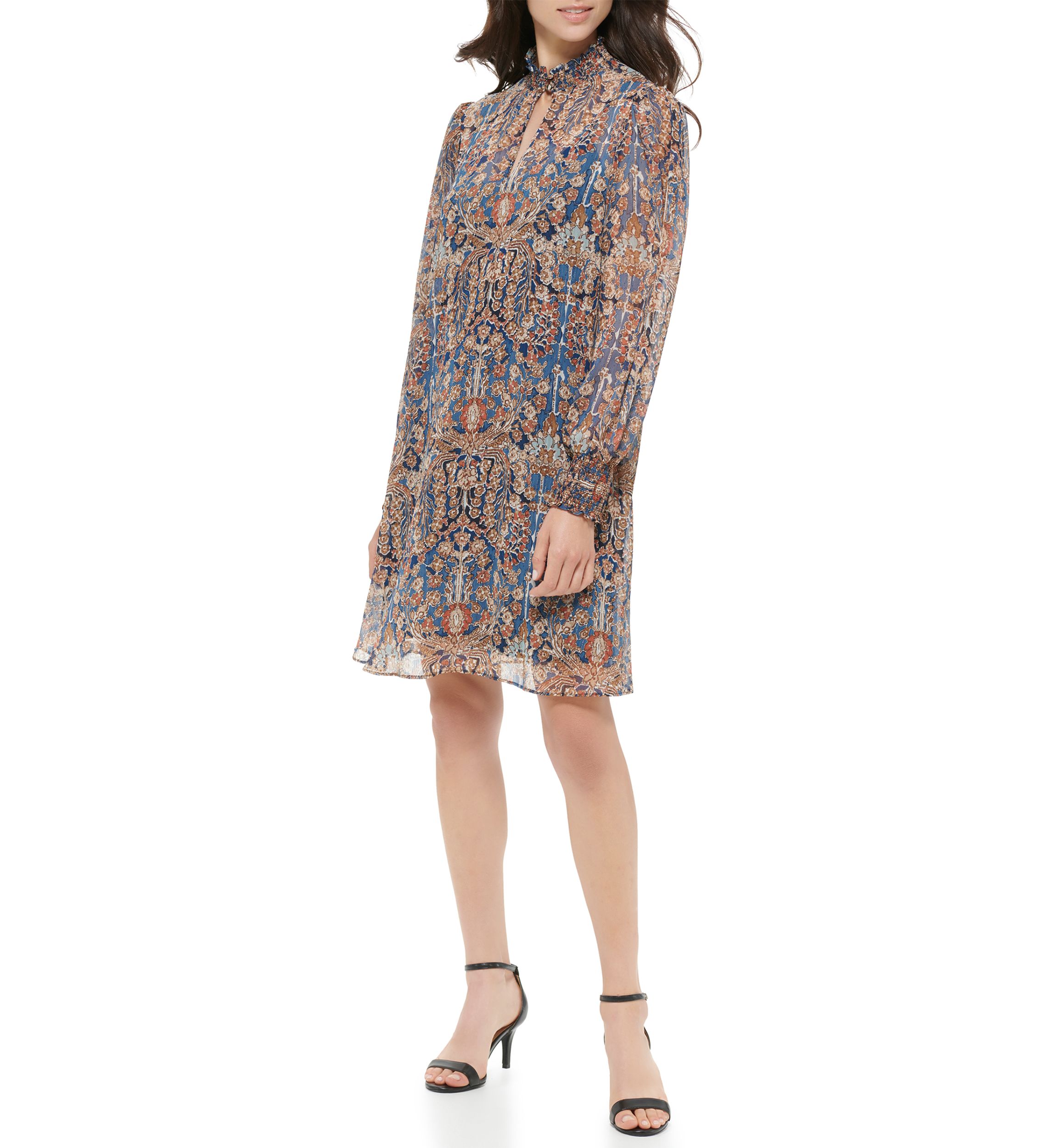 Womens Long Sleeve Mock Neck Ruffle Hem Floral Dress