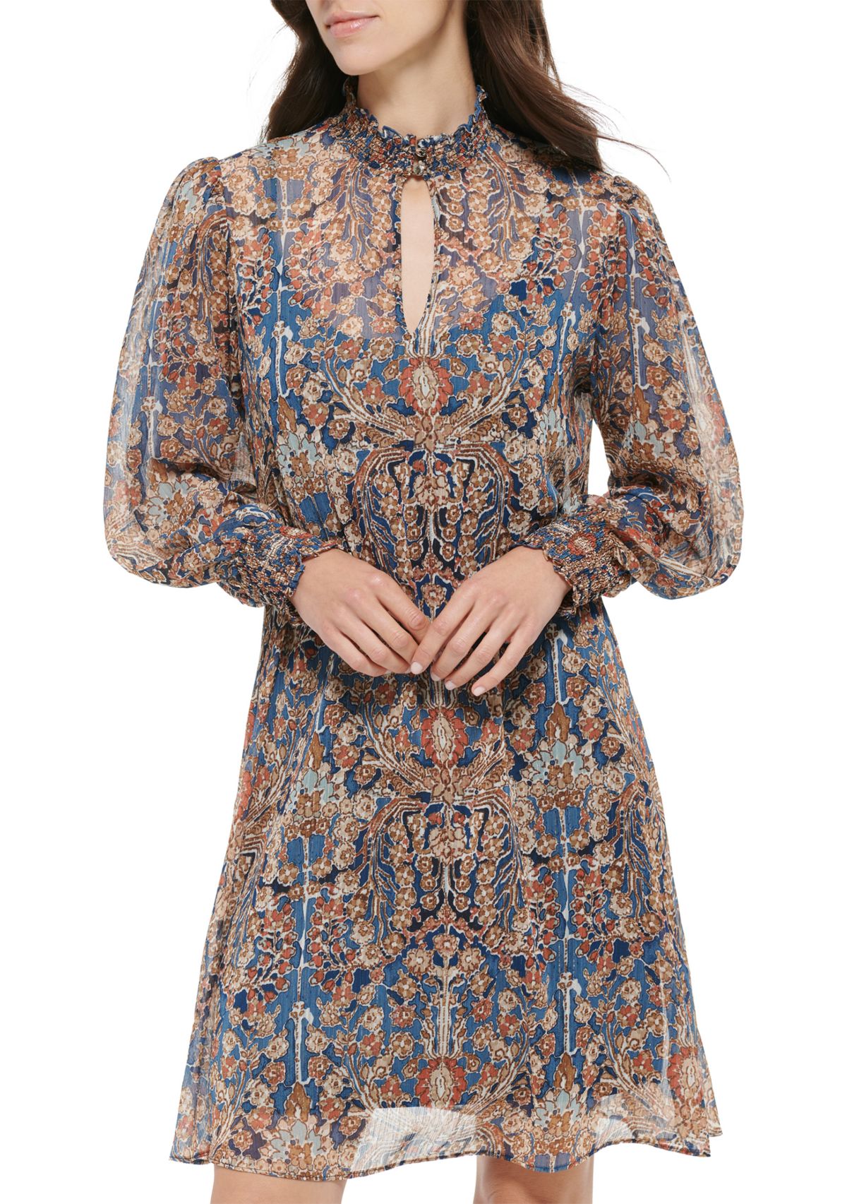 Womens Long Sleeve Mock Neck Ruffle Hem Floral Dress