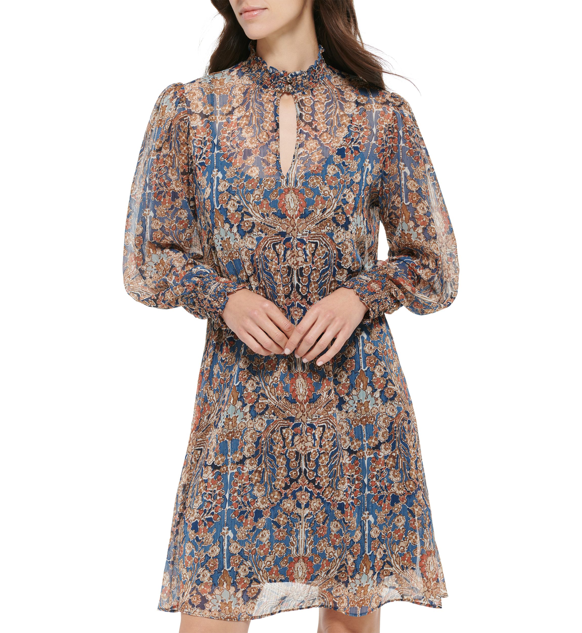 Womens Long Sleeve Mock Neck Ruffle Hem Floral Dress