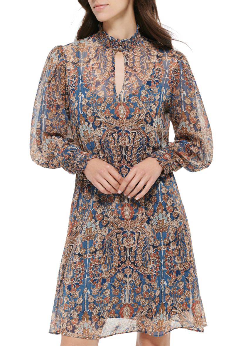 Womens Long Sleeve Mock Neck Ruffle Hem Floral Dress
