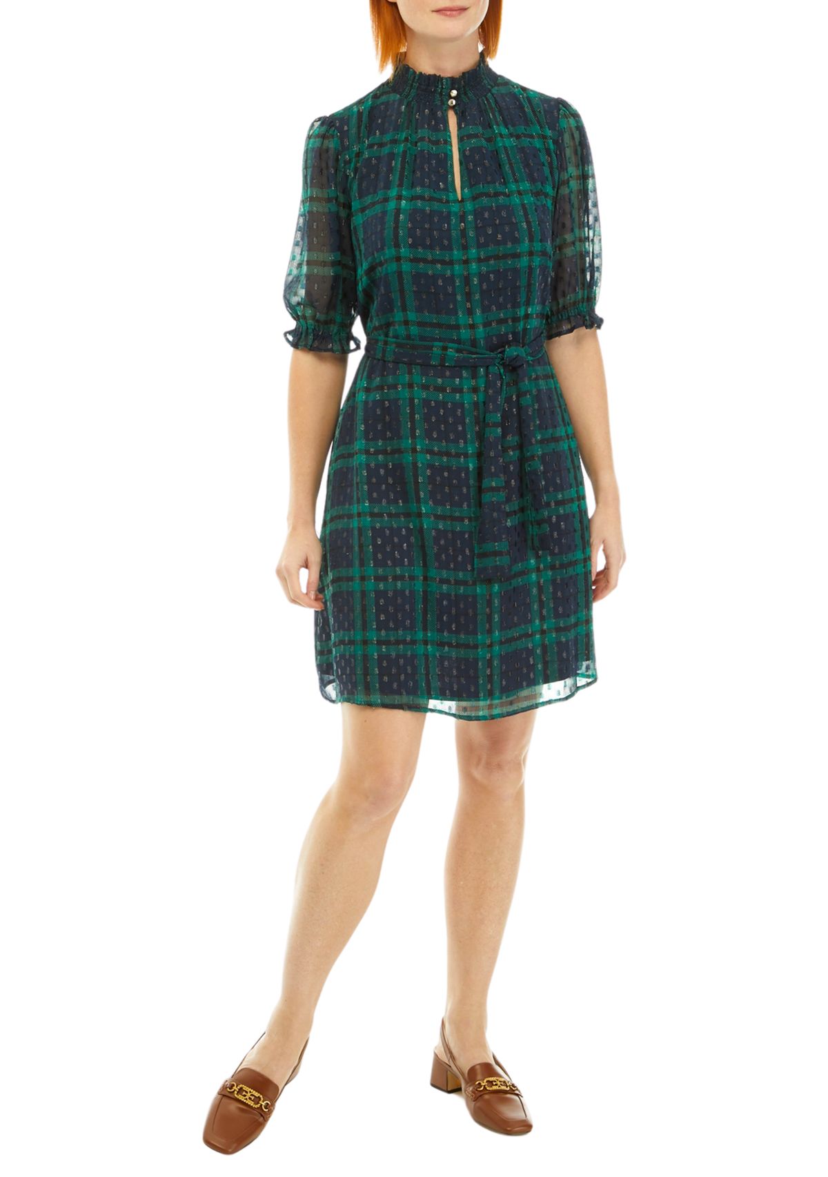 Womens Puff Sleeve Plaid Printed Dress