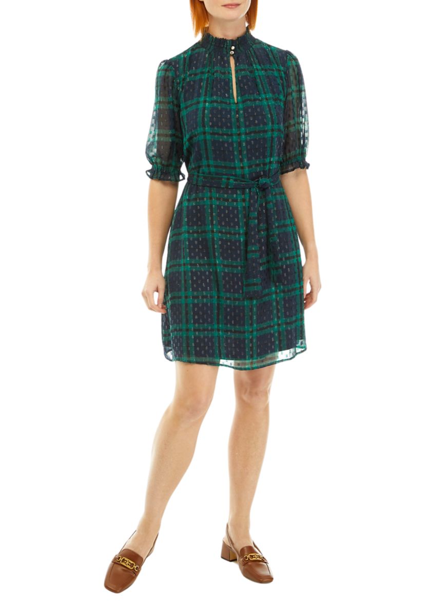 Womens Puff Sleeve Plaid Printed Dress