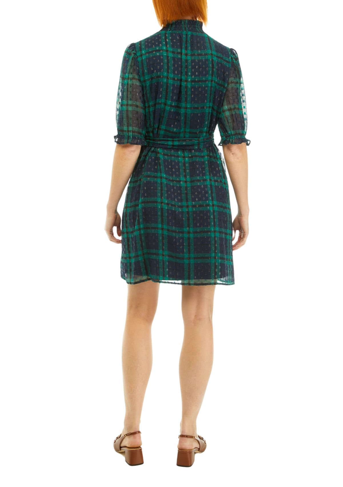 Womens Puff Sleeve Plaid Printed Dress