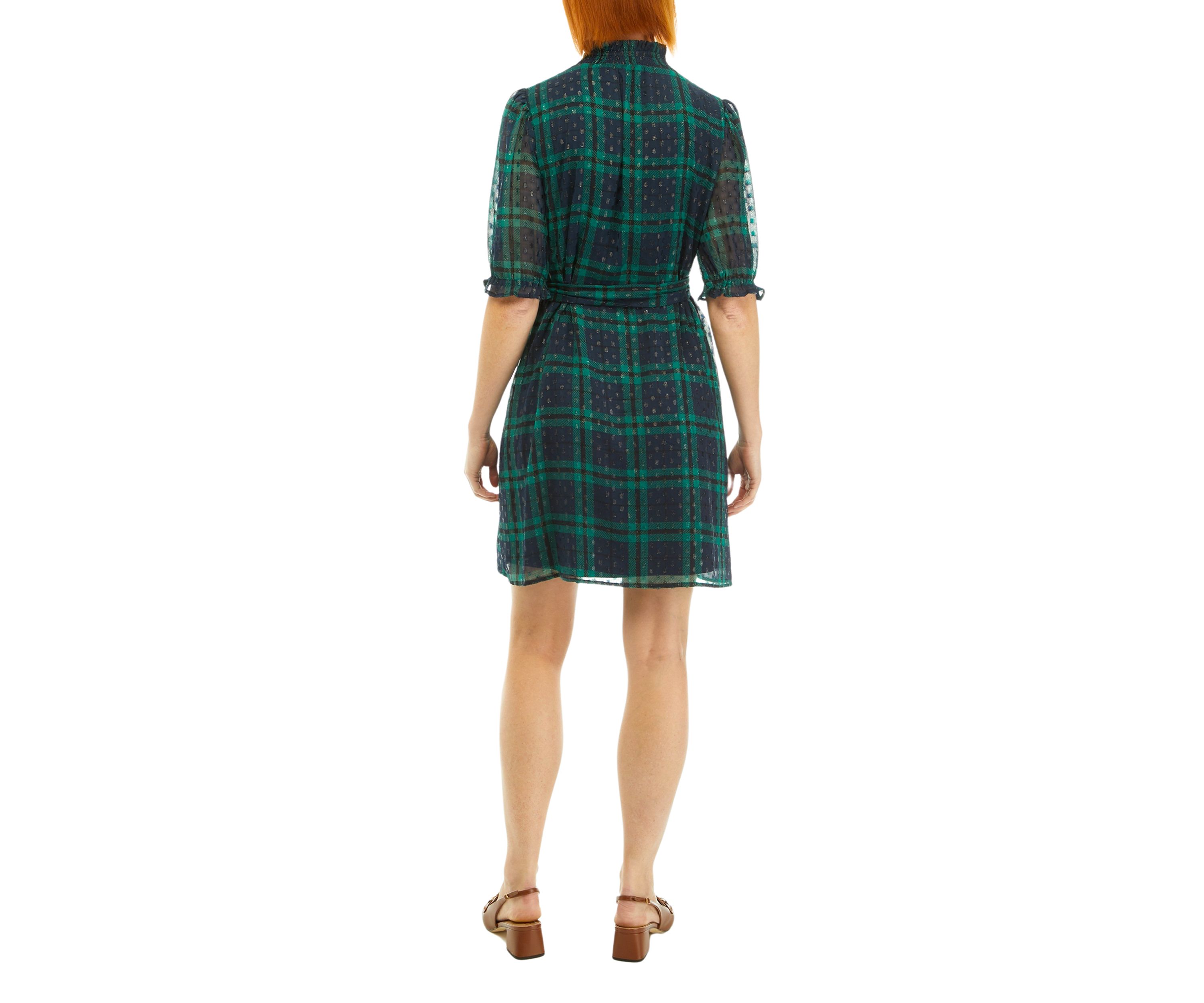 Womens Puff Sleeve Plaid Printed Dress