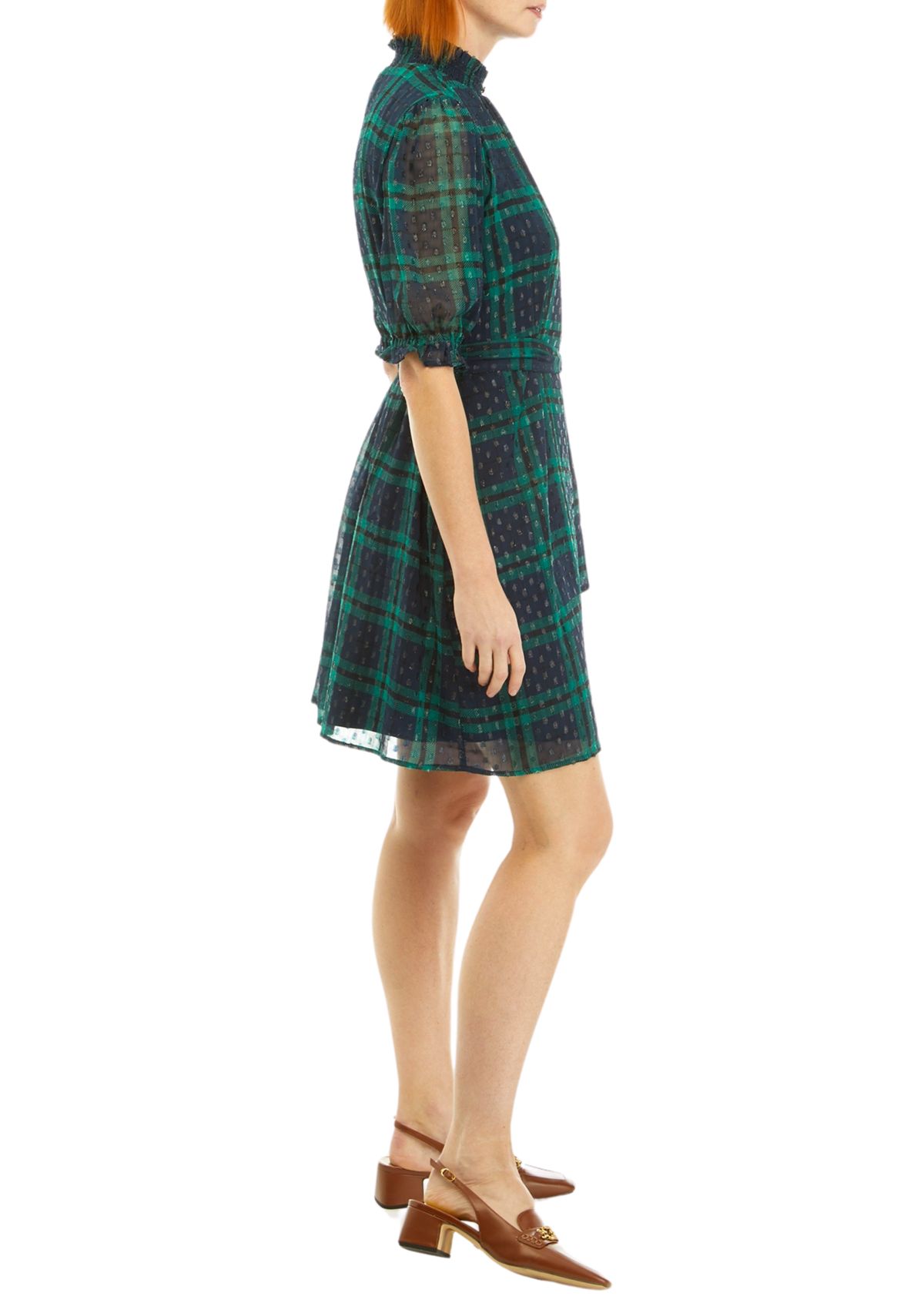 Womens Puff Sleeve Plaid Printed Dress