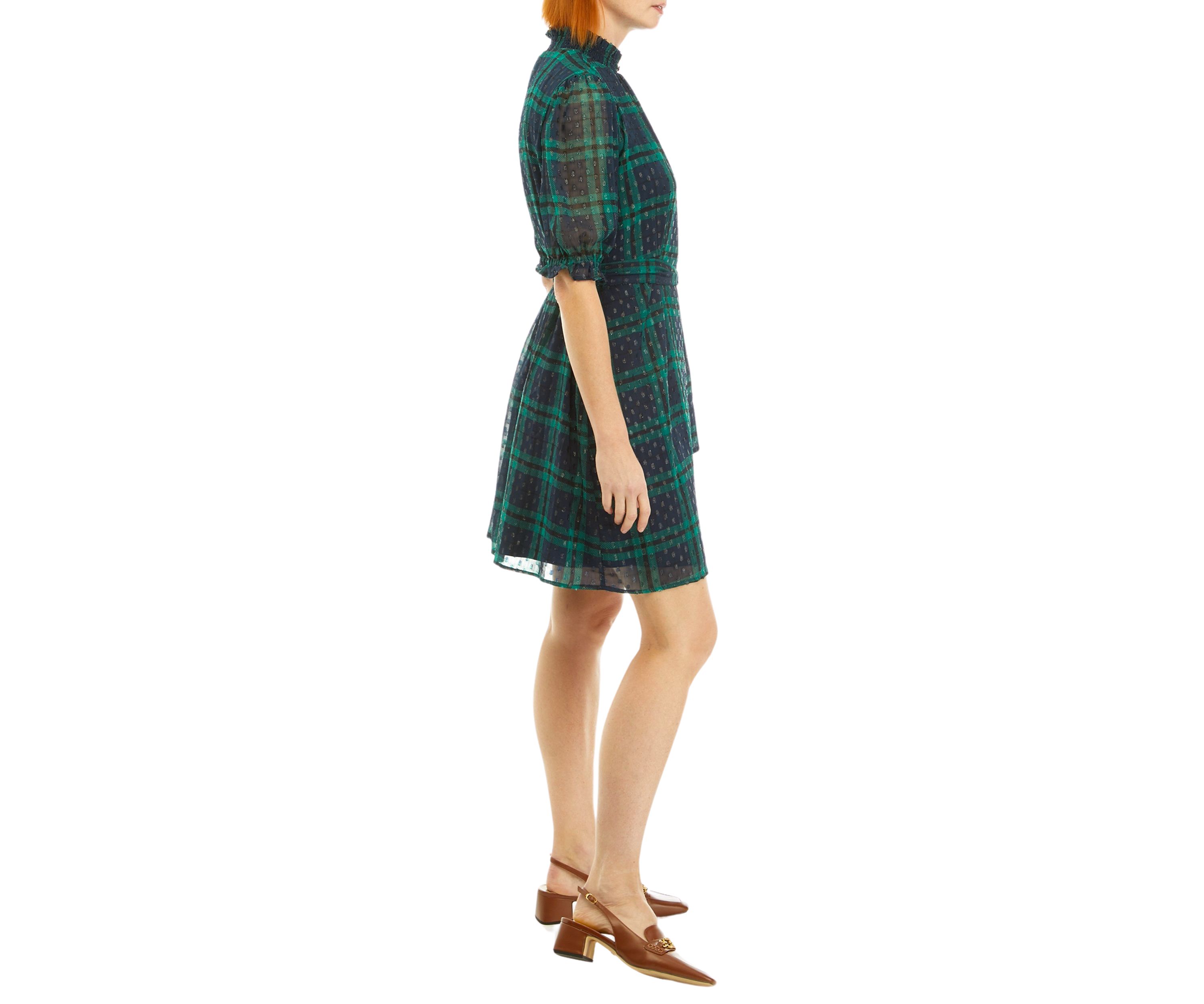 Womens Puff Sleeve Plaid Printed Dress