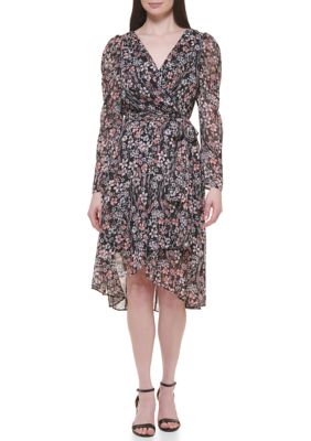 Tommy Hilfiger Women's Long Sleeve V-Neck Floral Print Dress, Black, 2
