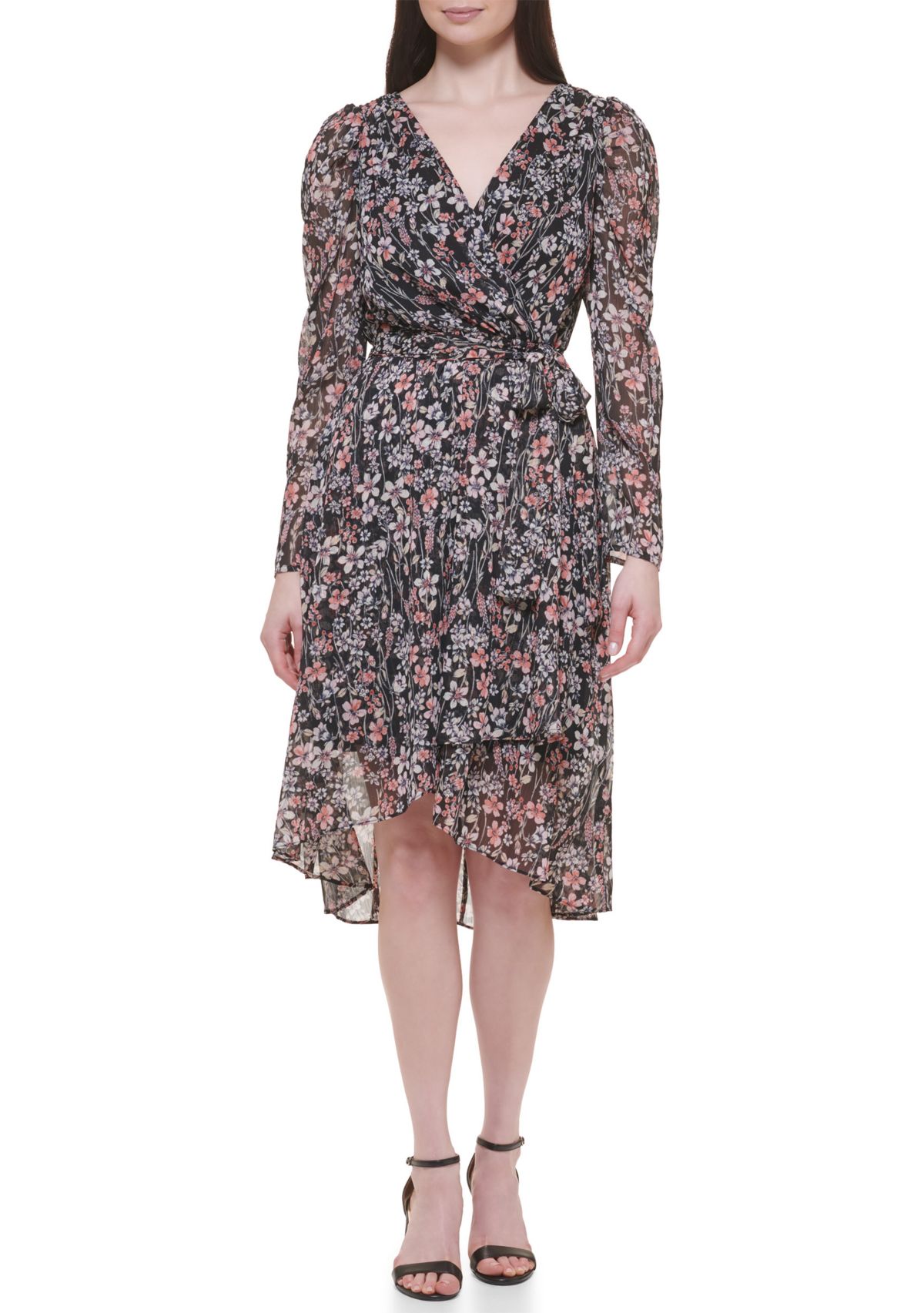 Womens Long Sleeve V-Neck Floral Print Dress