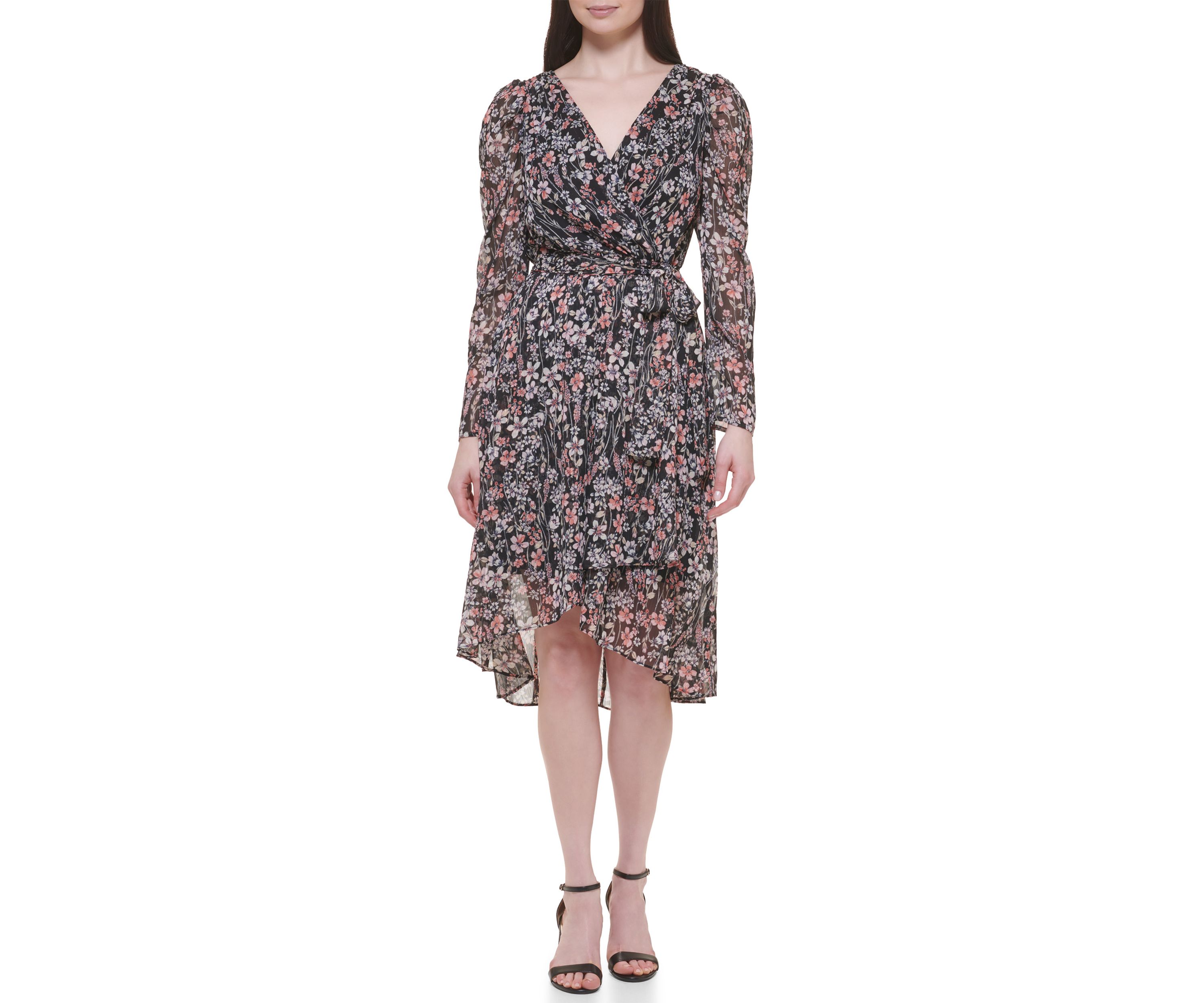 Womens Long Sleeve V-Neck Floral Print Dress