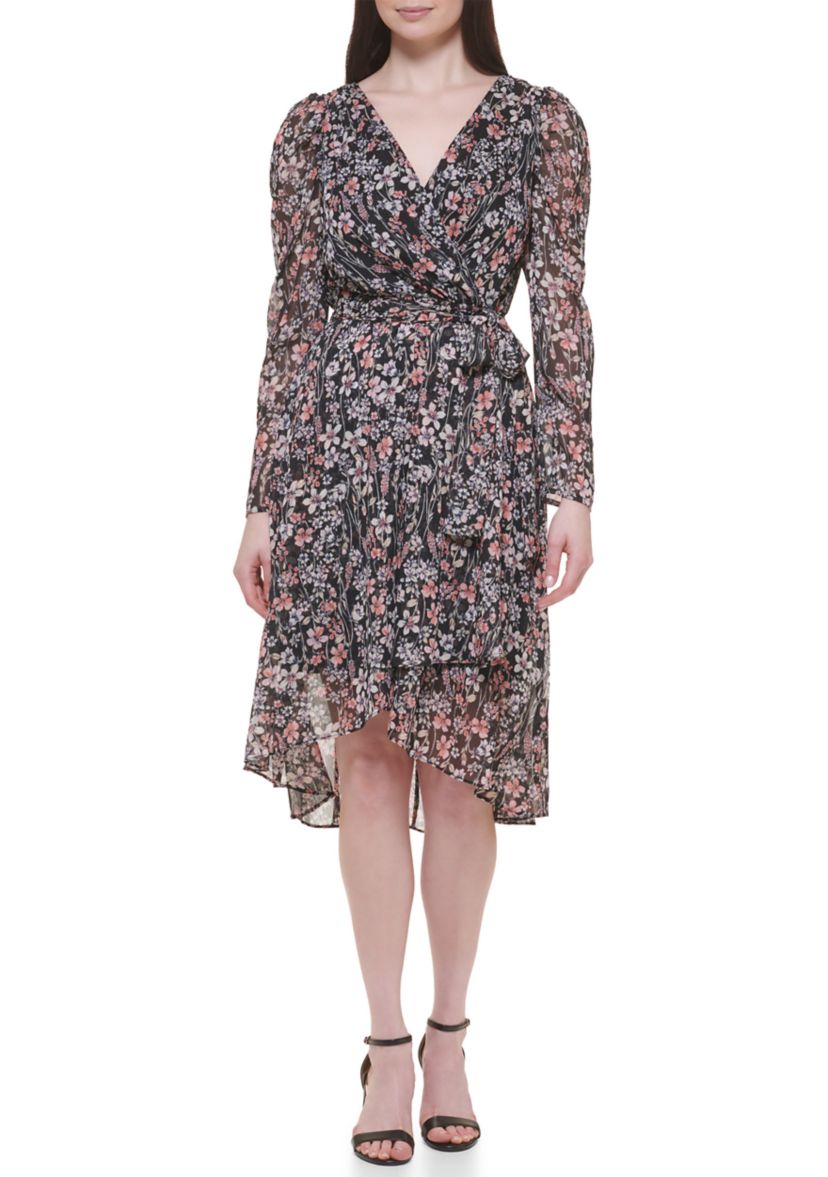 Womens Long Sleeve V-Neck Floral Print Dress