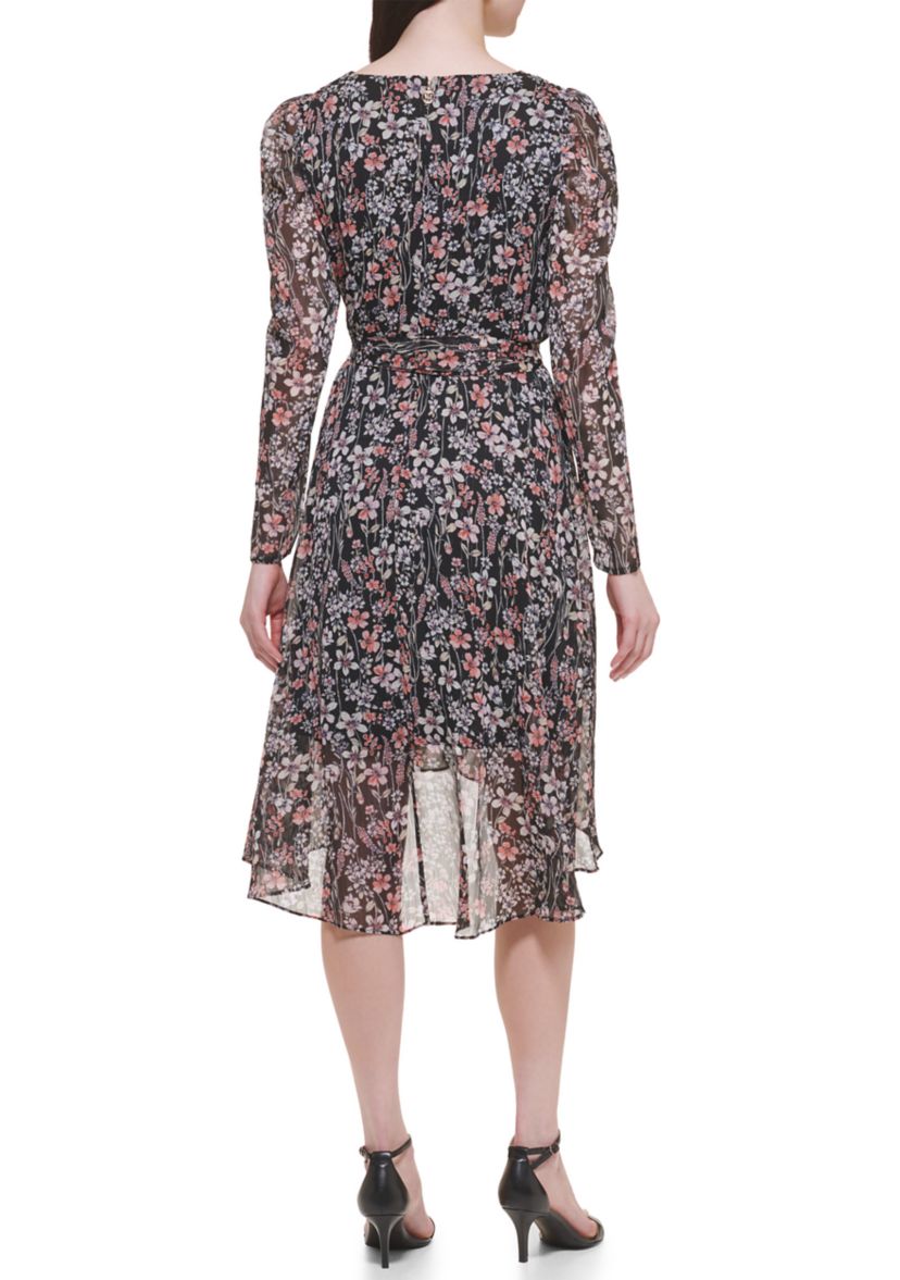 Womens Long Sleeve V-Neck Floral Print Dress