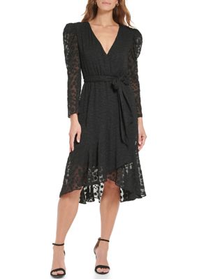 Tommy Hilfiger Women's Long Sleeve V-Neck Tie Waist Fit and Flare Chiffon  Dress | Belk