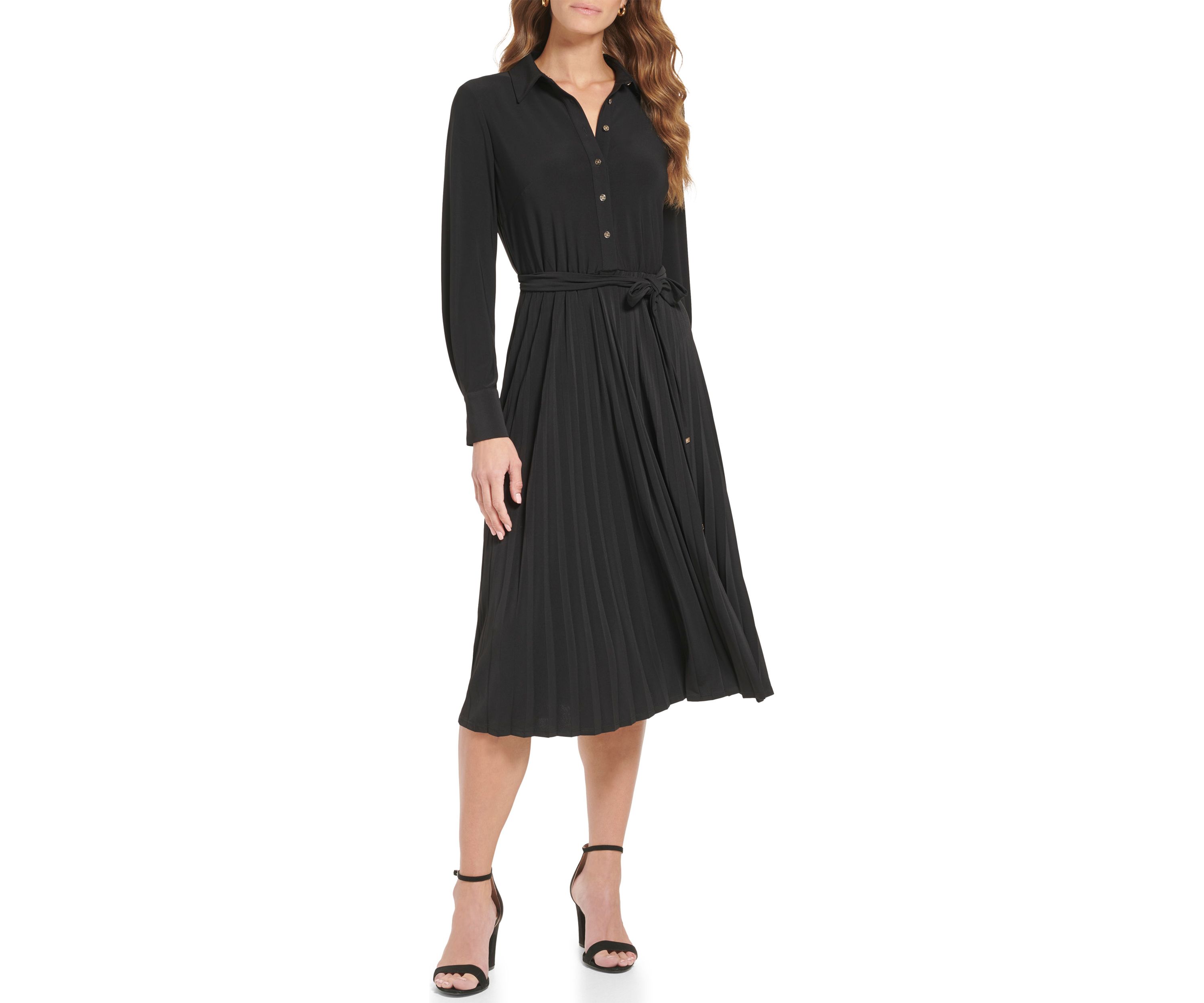 Womens Long Sleeve Button Down Solid Fit and Flare Dress