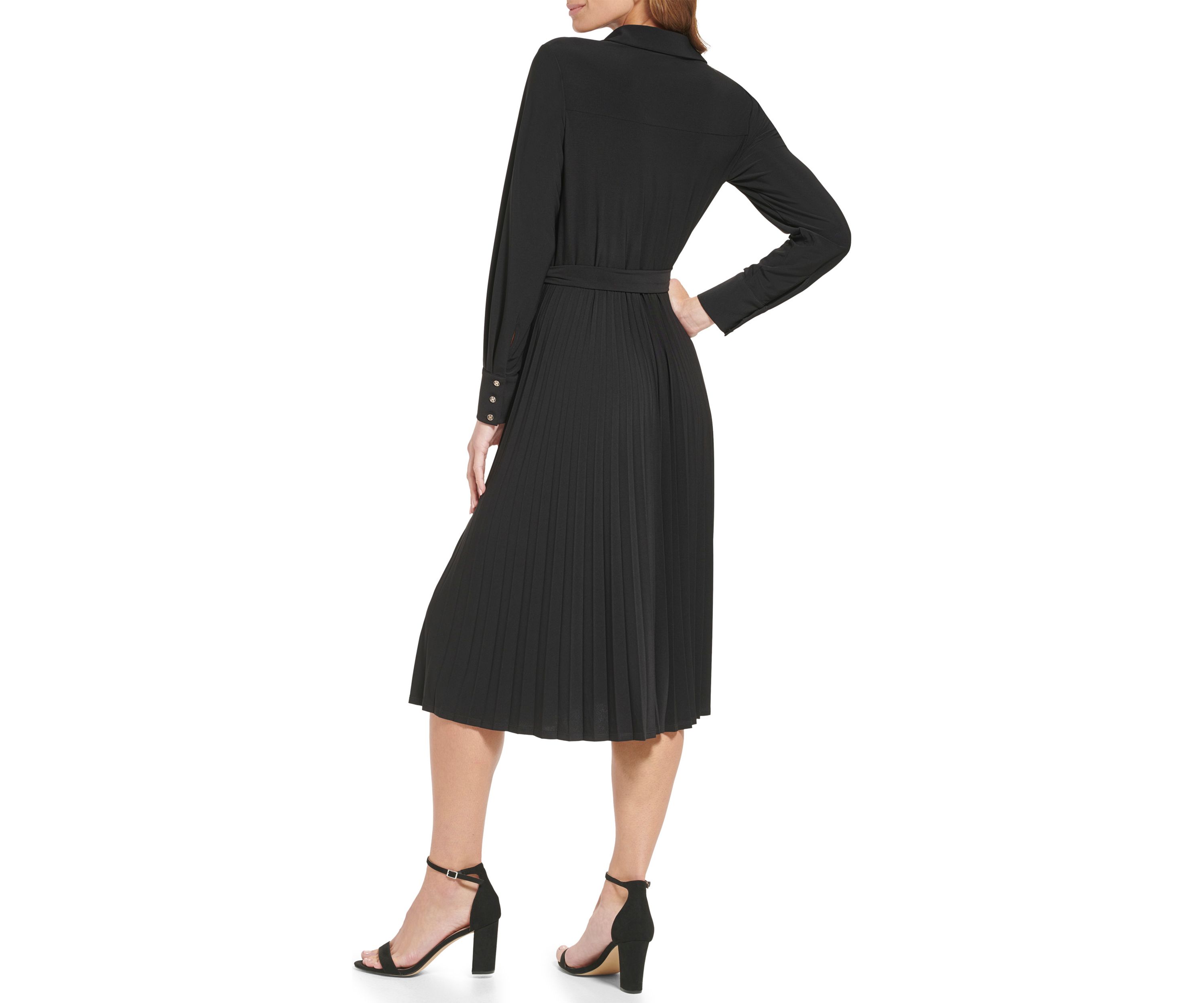 Womens Long Sleeve Button Down Solid Fit and Flare Dress