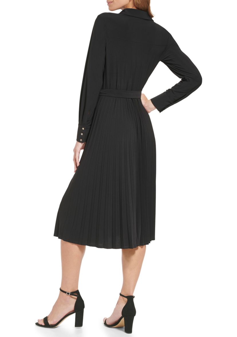 Womens Long Sleeve Button Down Solid Fit and Flare Dress