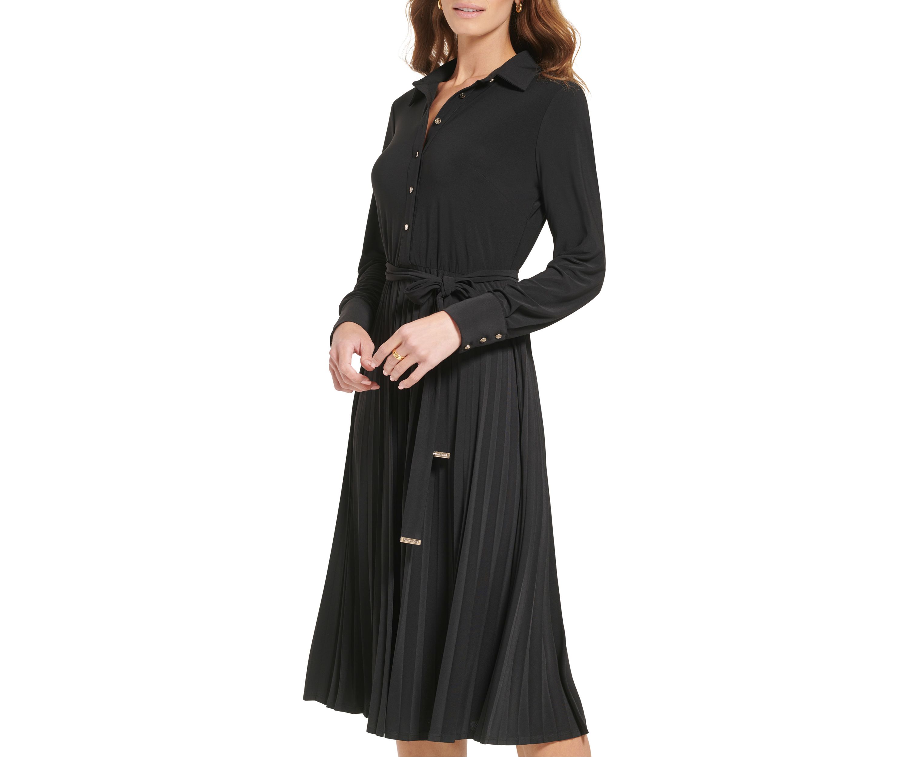 Womens Long Sleeve Button Down Solid Fit and Flare Dress