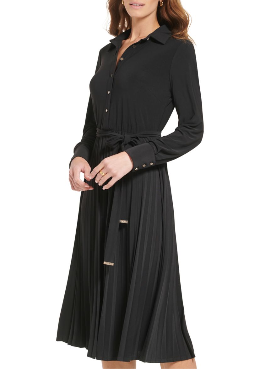 Womens Long Sleeve Button Down Solid Fit and Flare Dress
