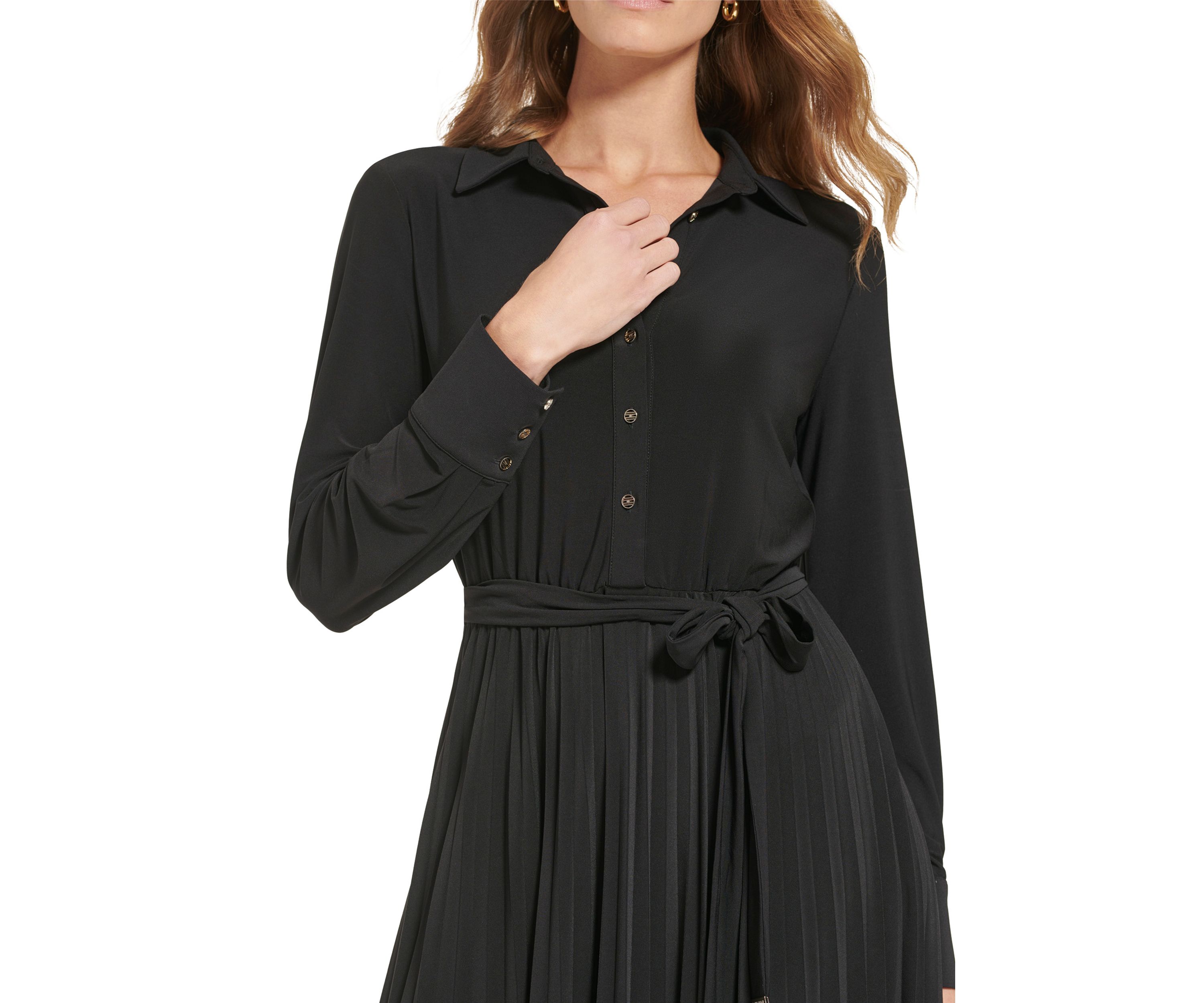 Womens Long Sleeve Button Down Solid Fit and Flare Dress