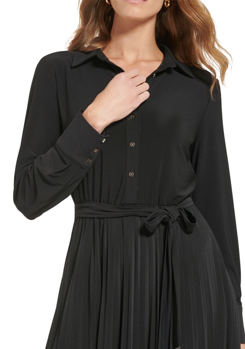 Womens Long Sleeve Button Down Solid Fit and Flare Dress