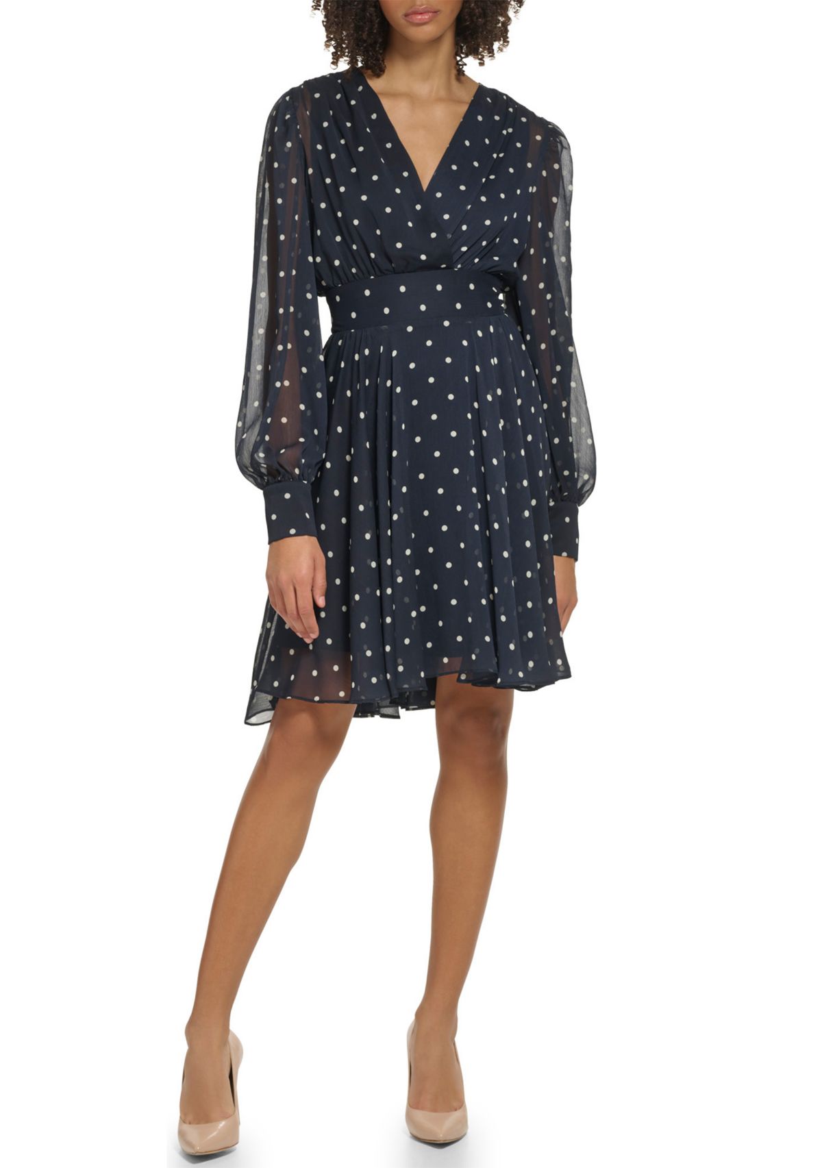 Womens Long Sleeve V-Neck Smock Waist Chiffon Dot Fit and Flare Dress