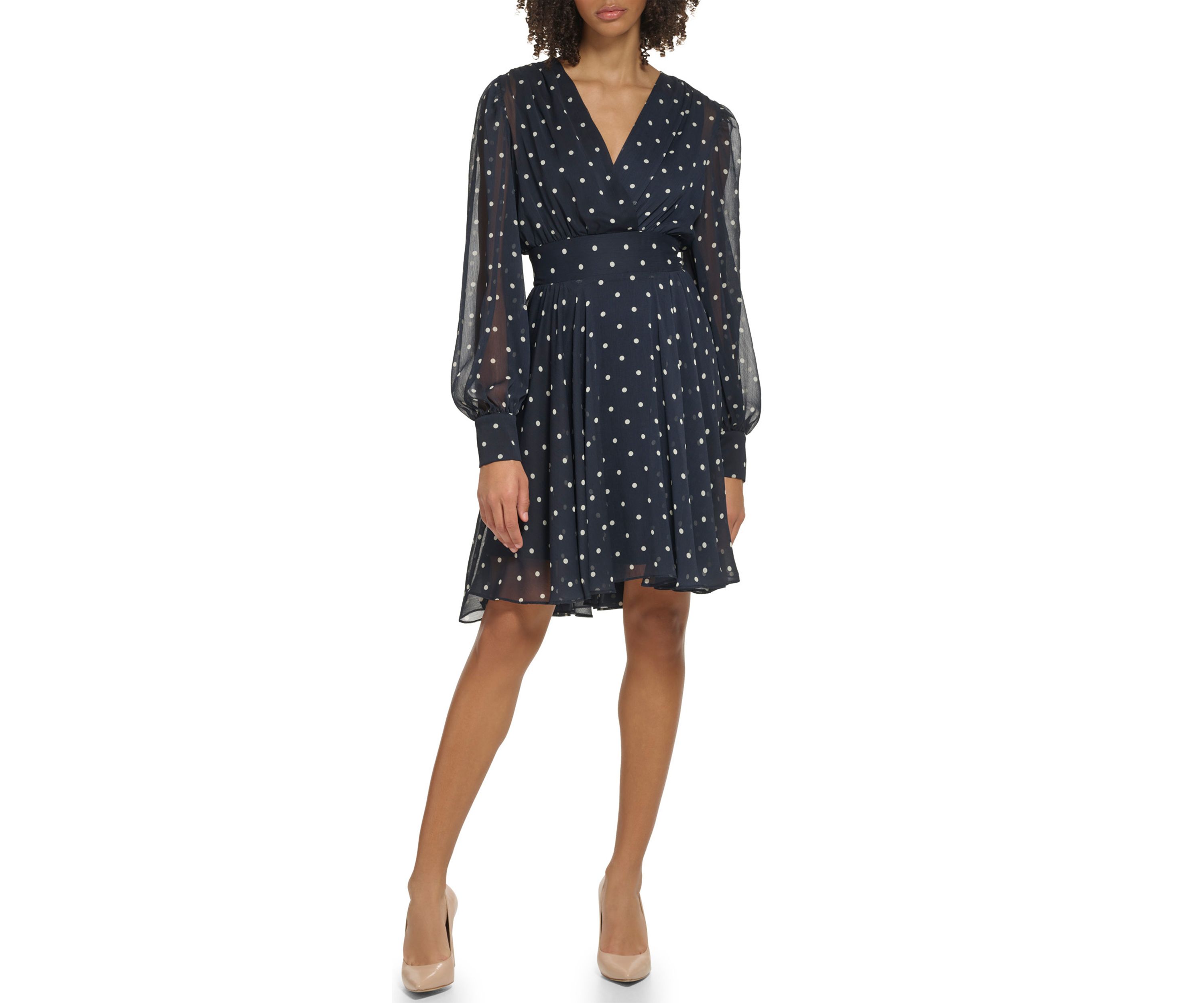 Womens Long Sleeve V-Neck Smock Waist Chiffon Dot Fit and Flare Dress