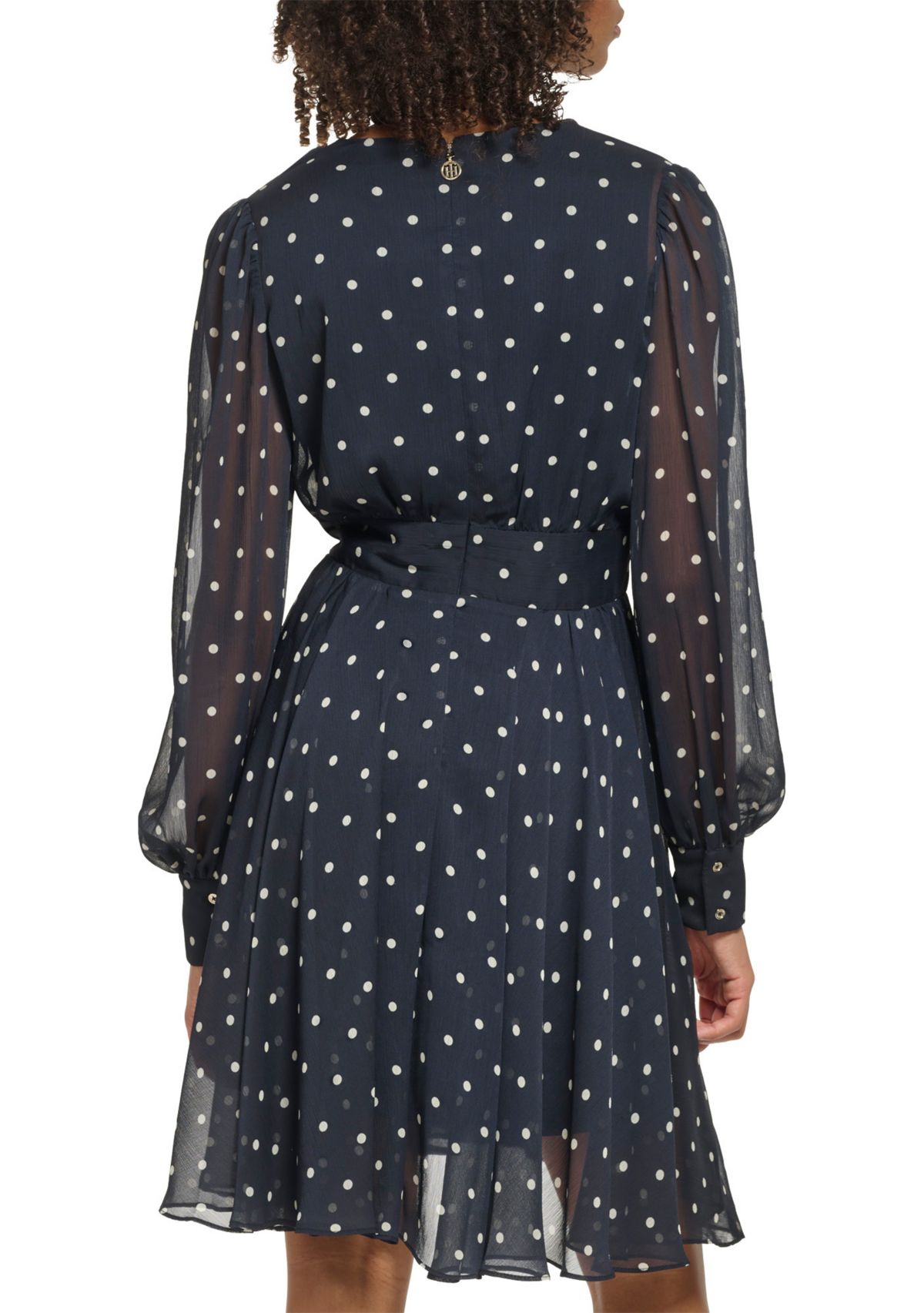 Womens Long Sleeve V-Neck Smock Waist Chiffon Dot Fit and Flare Dress