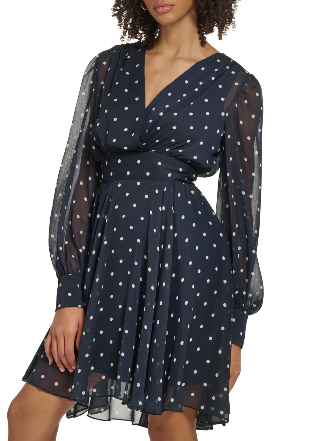 Womens Long Sleeve V-Neck Smock Waist Chiffon Dot Fit and Flare Dress