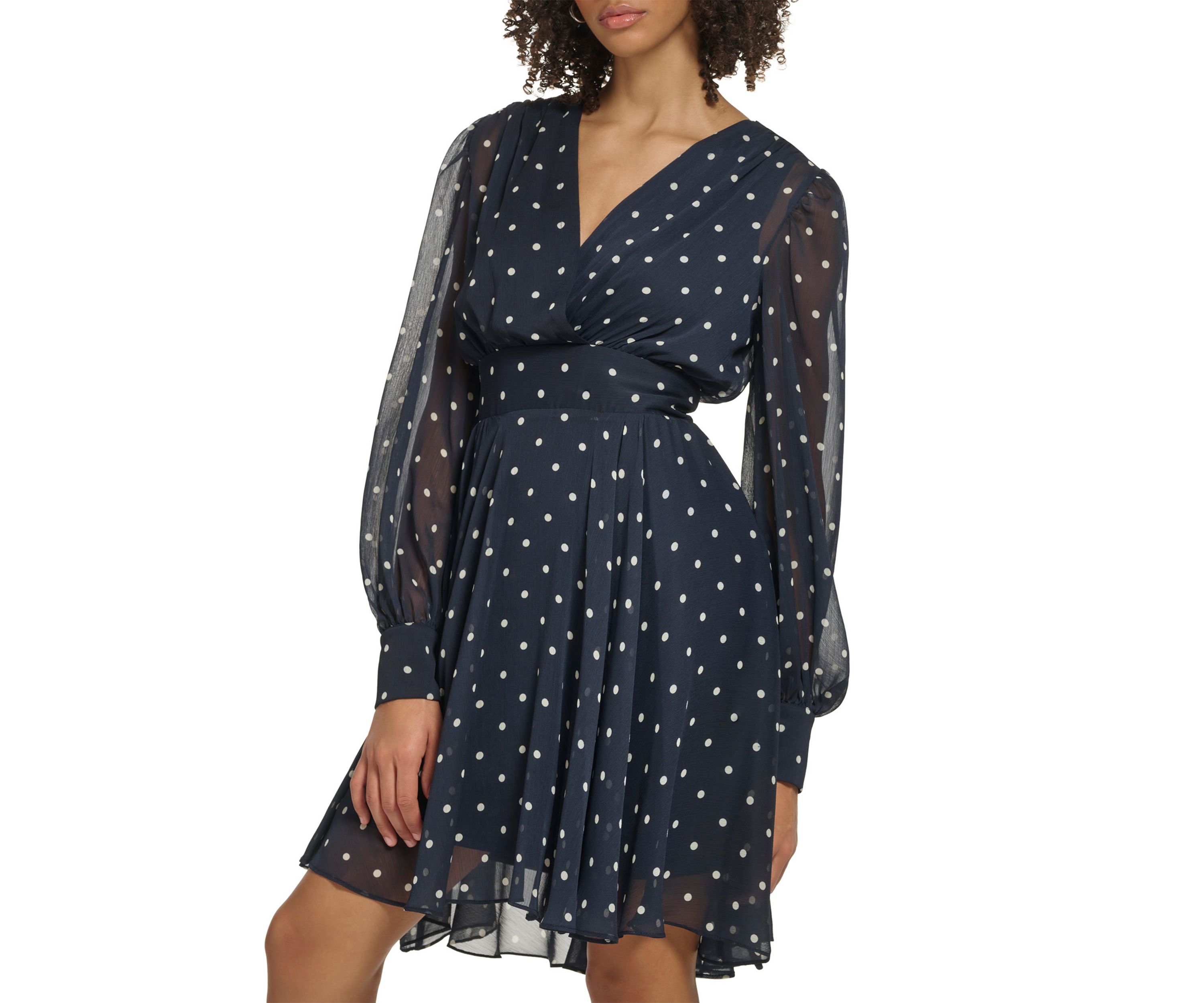 Womens Long Sleeve V-Neck Smock Waist Chiffon Dot Fit and Flare Dress