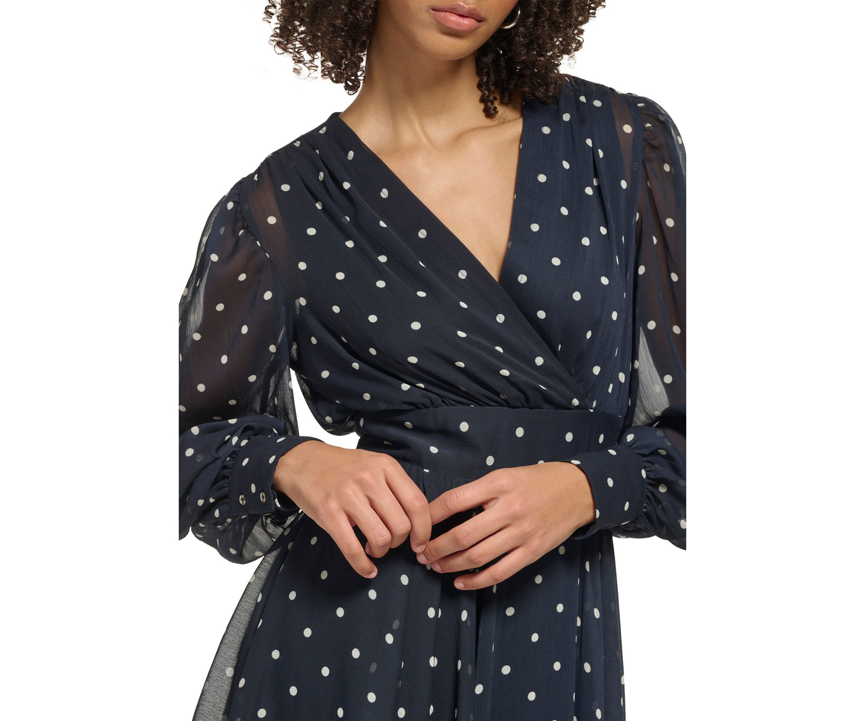 Womens Long Sleeve V-Neck Smock Waist Chiffon Dot Fit and Flare Dress