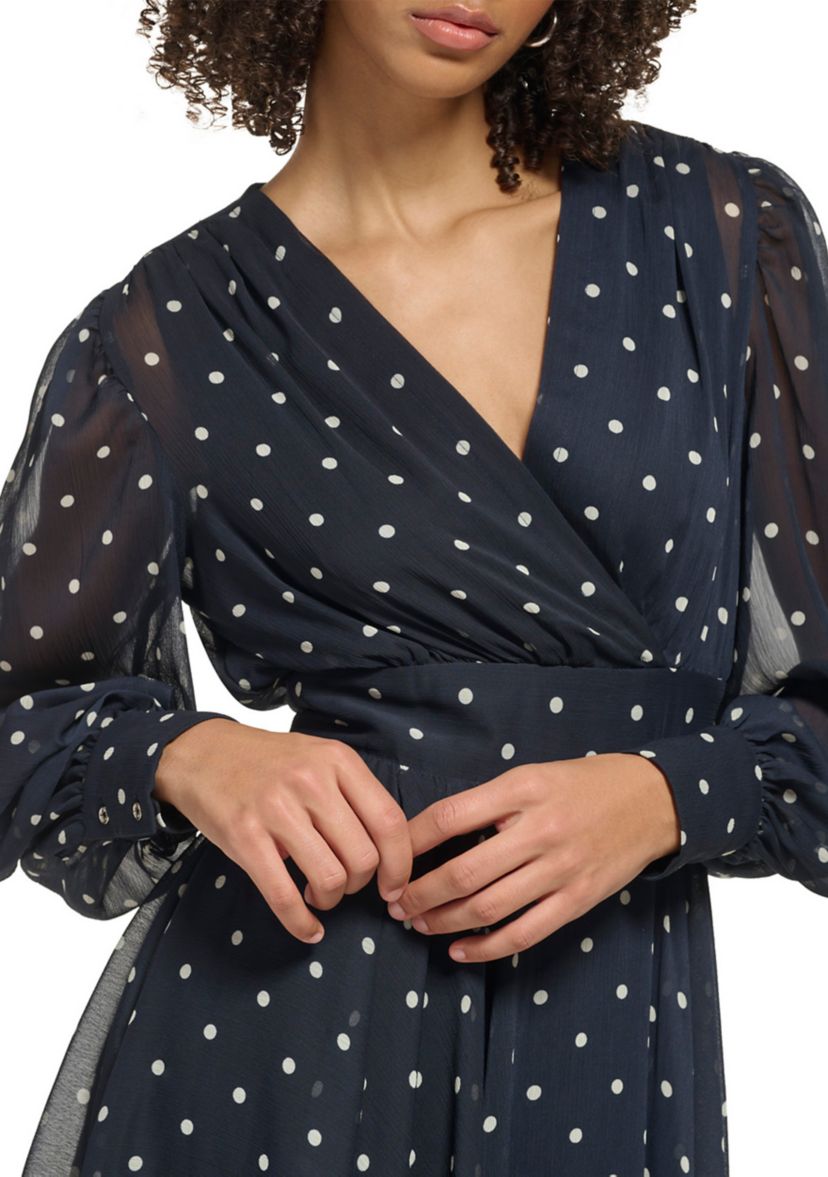 Womens Long Sleeve V-Neck Smock Waist Chiffon Dot Fit and Flare Dress