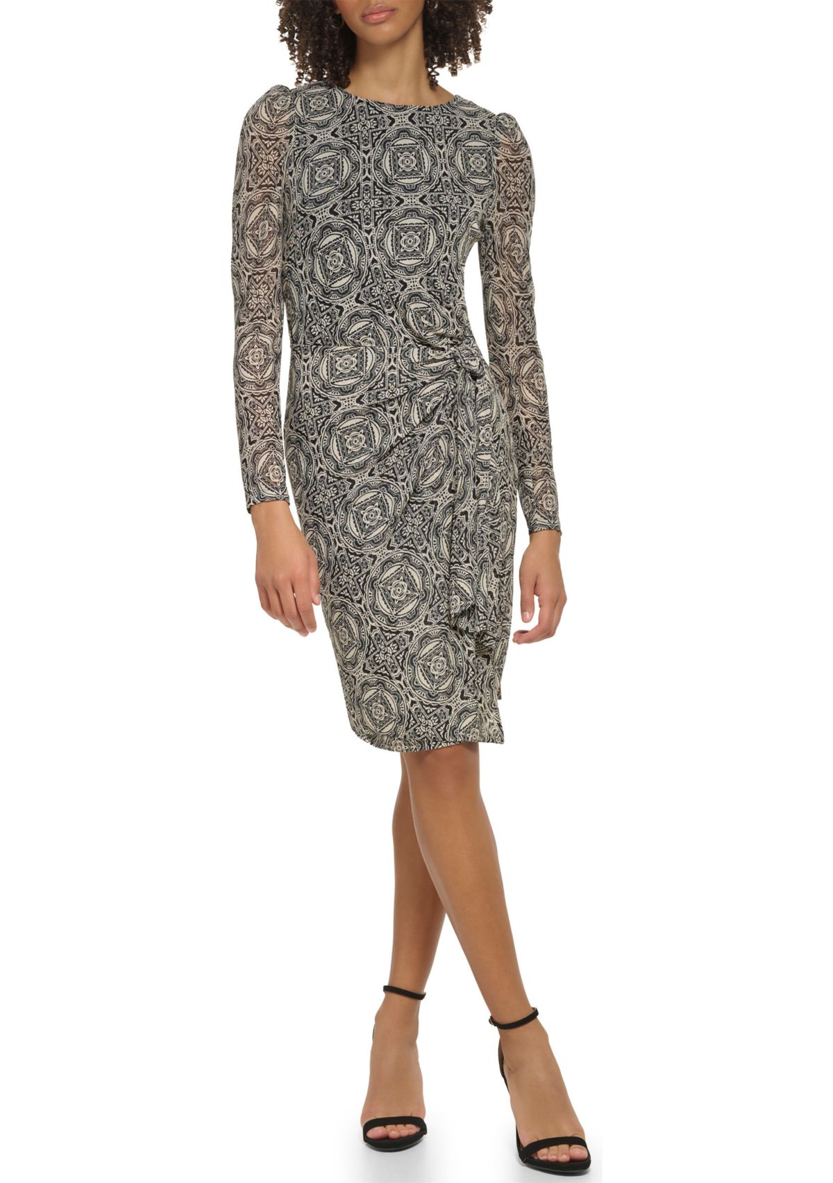 Womens Long Sleeve Round Neck Mesh Side Tie Printed Dress