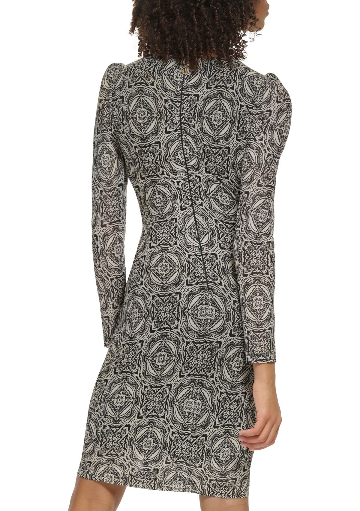 Womens Long Sleeve Round Neck Mesh Side Tie Printed Dress