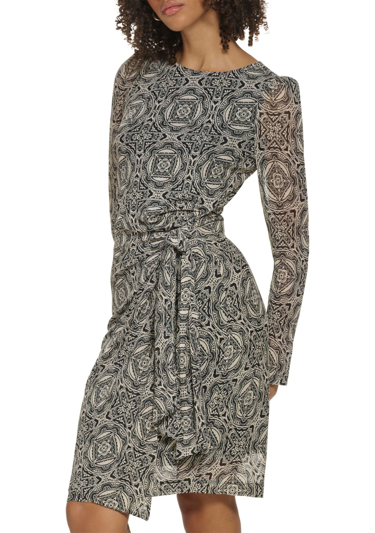 Womens Long Sleeve Round Neck Mesh Side Tie Printed Dress