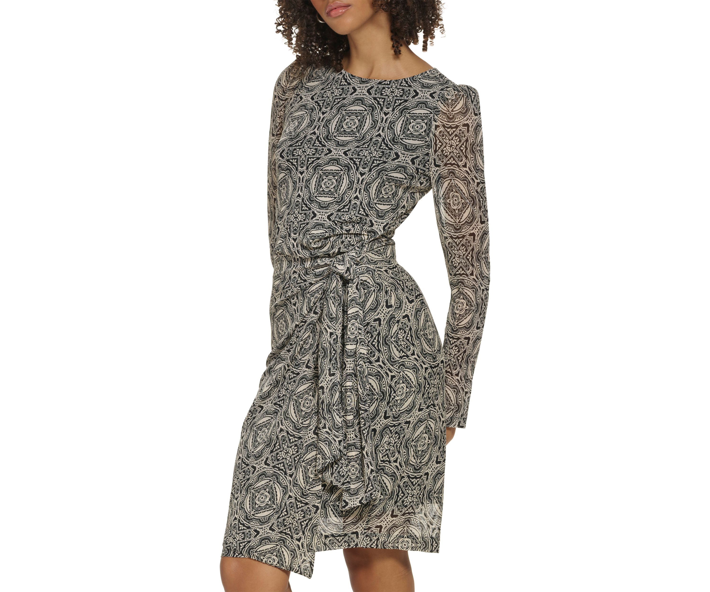 Womens Long Sleeve Round Neck Mesh Side Tie Printed Dress