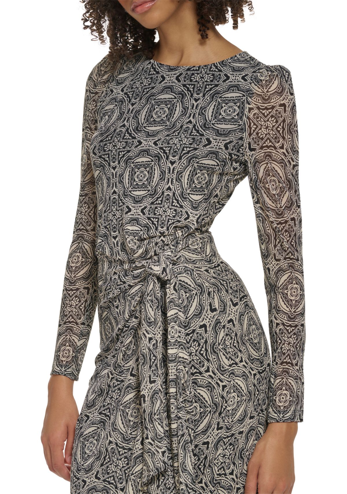 Womens Long Sleeve Round Neck Mesh Side Tie Printed Dress