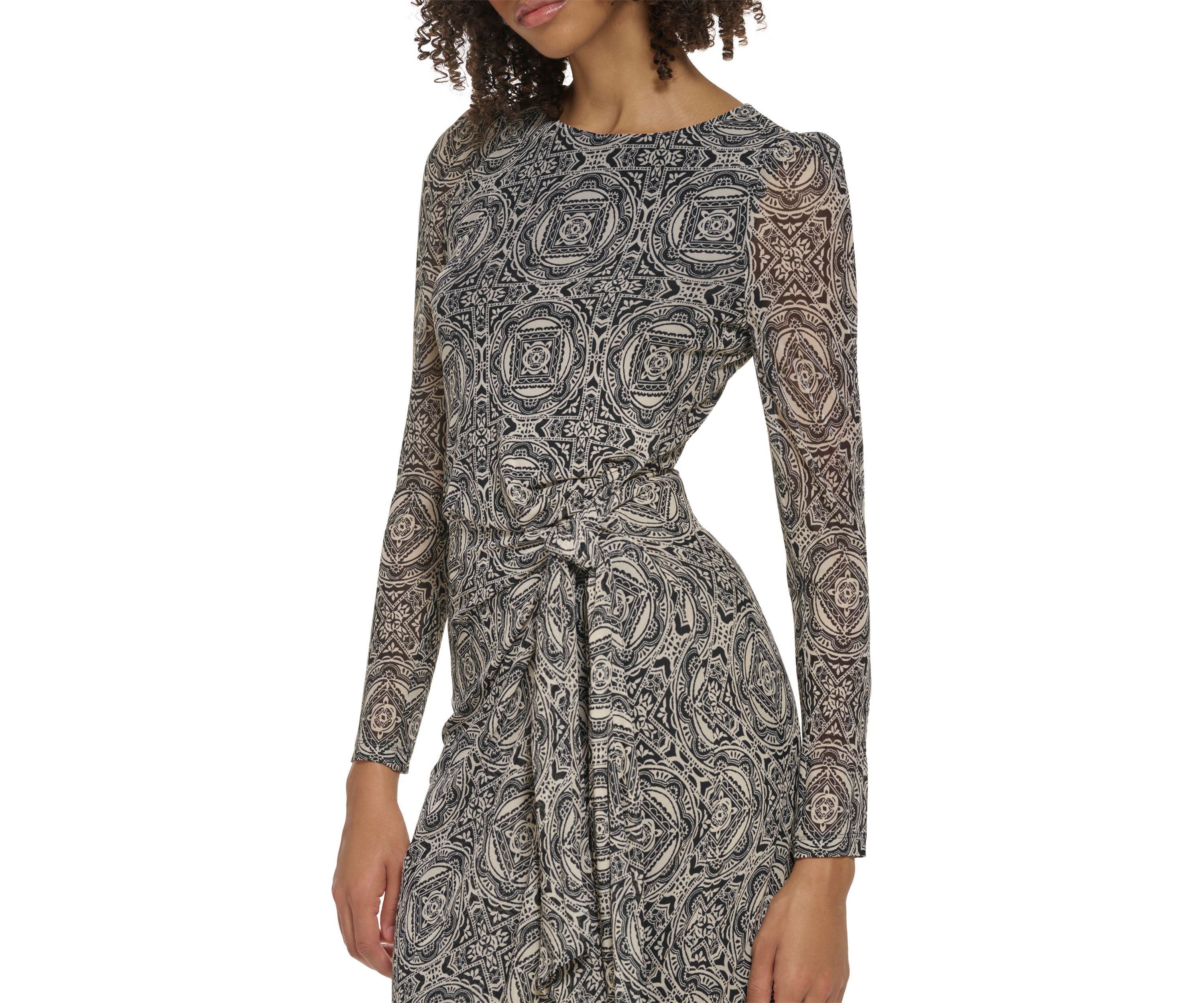 Womens Long Sleeve Round Neck Mesh Side Tie Printed Dress