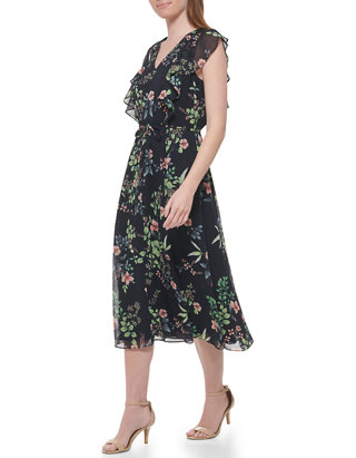 Tommy Hilfiger Women's Short Cap Sleeve Floral Printed Ruffle Midi 
