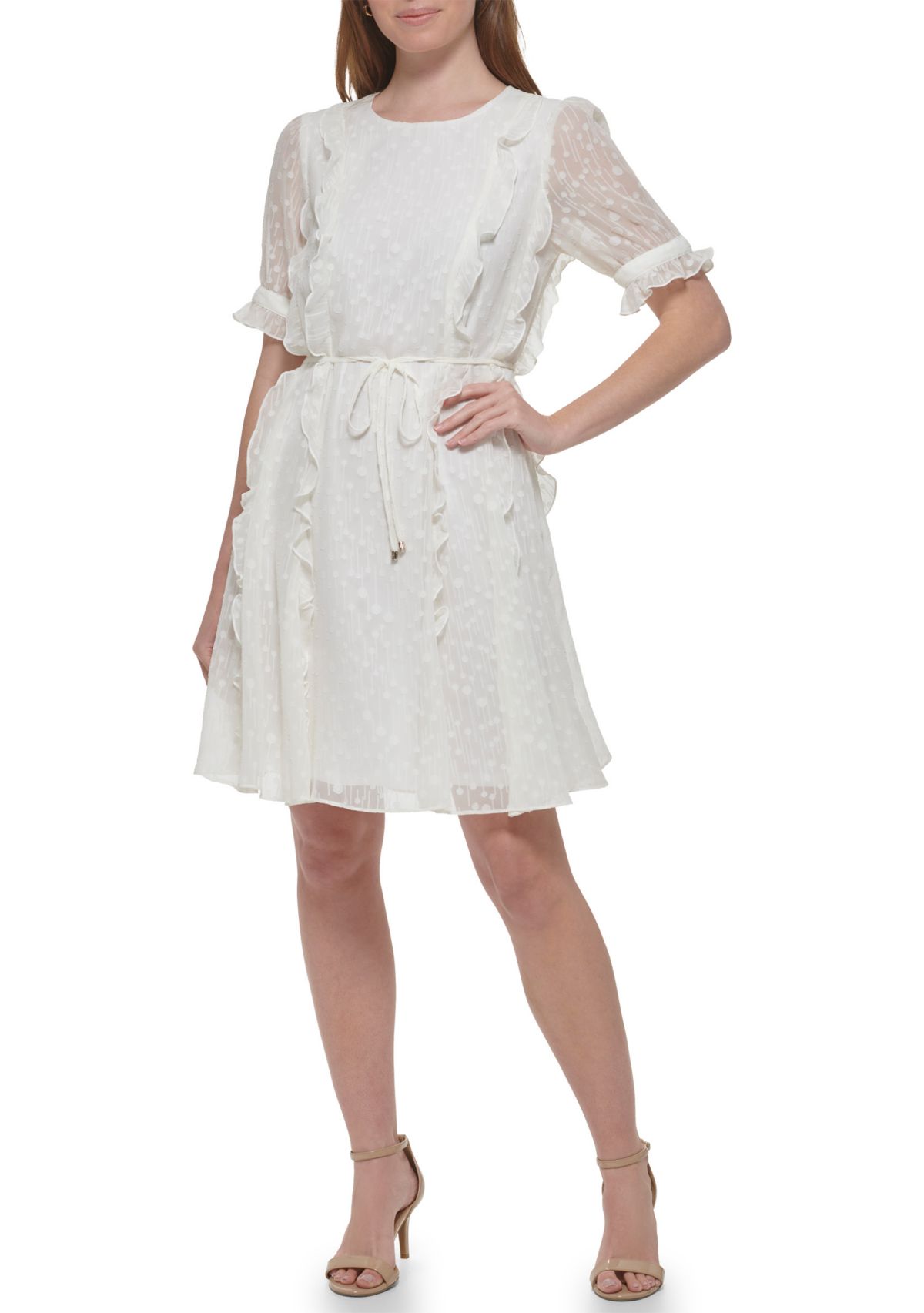 Womens Short Sleeve Ruffle Clip Dot Fit and Flare Dress