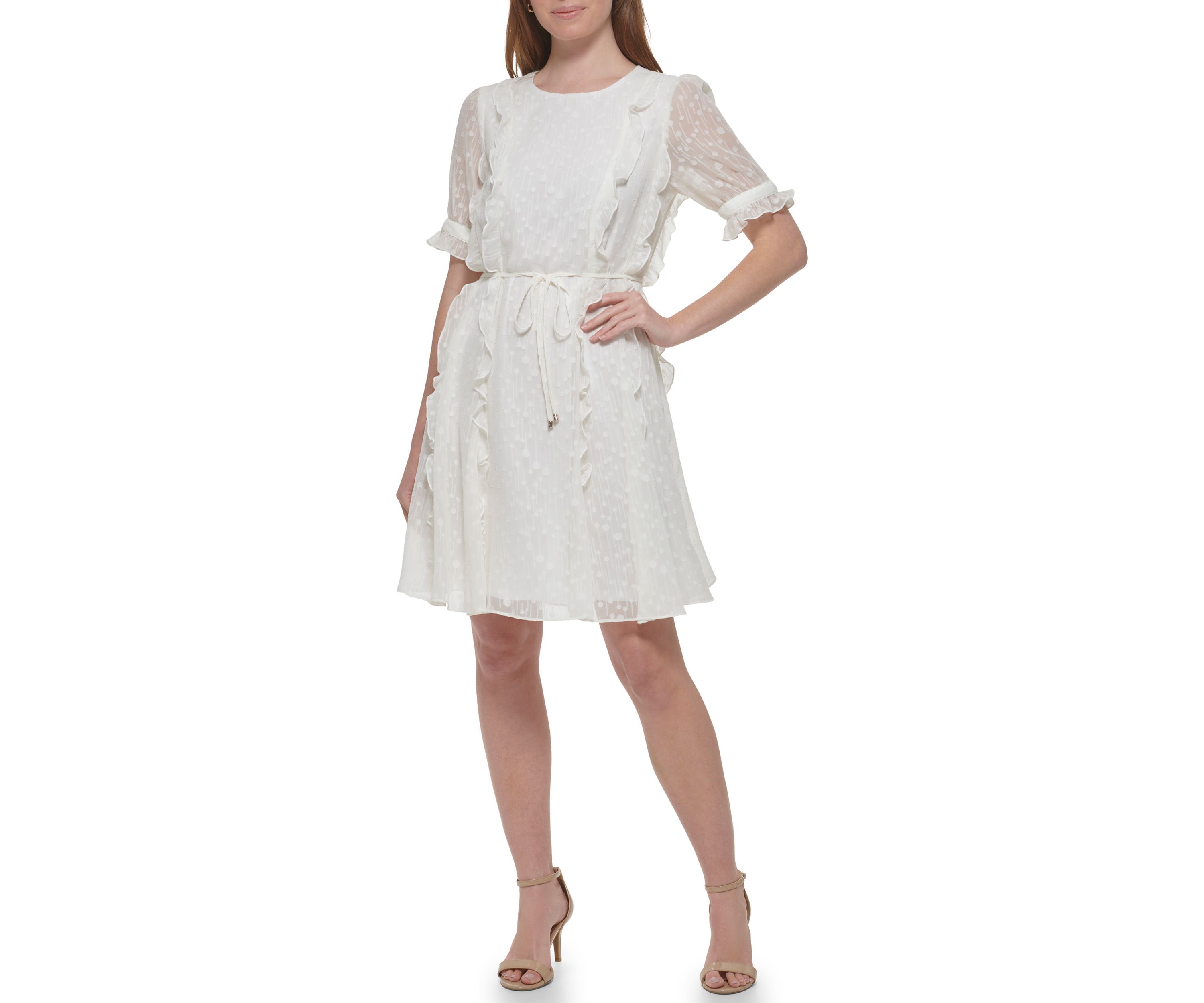 Womens Short Sleeve Ruffle Clip Dot Fit and Flare Dress